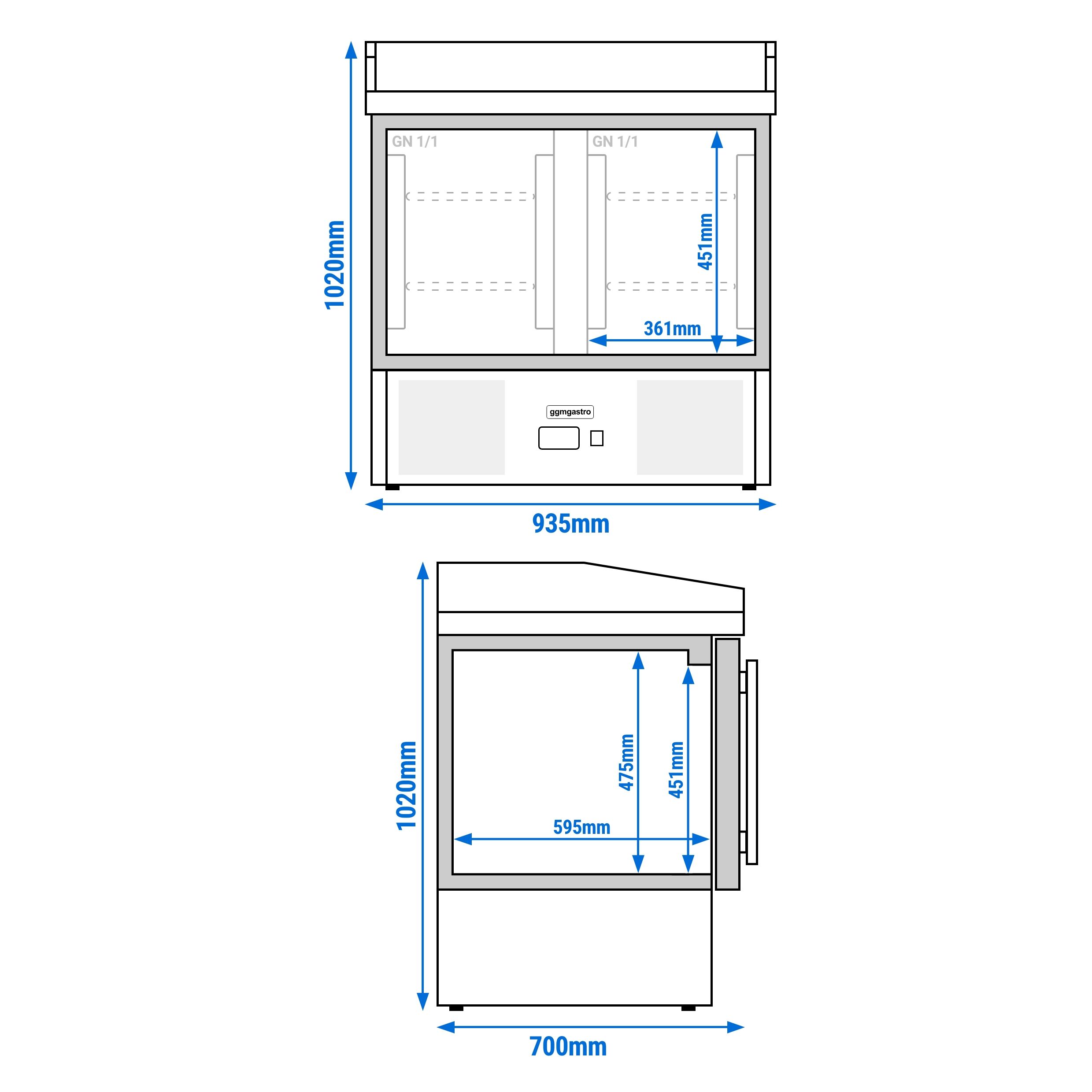 Table réfrigérée à pizza PREMIUM - 935 x 700 mm - 2 portes vitrées
