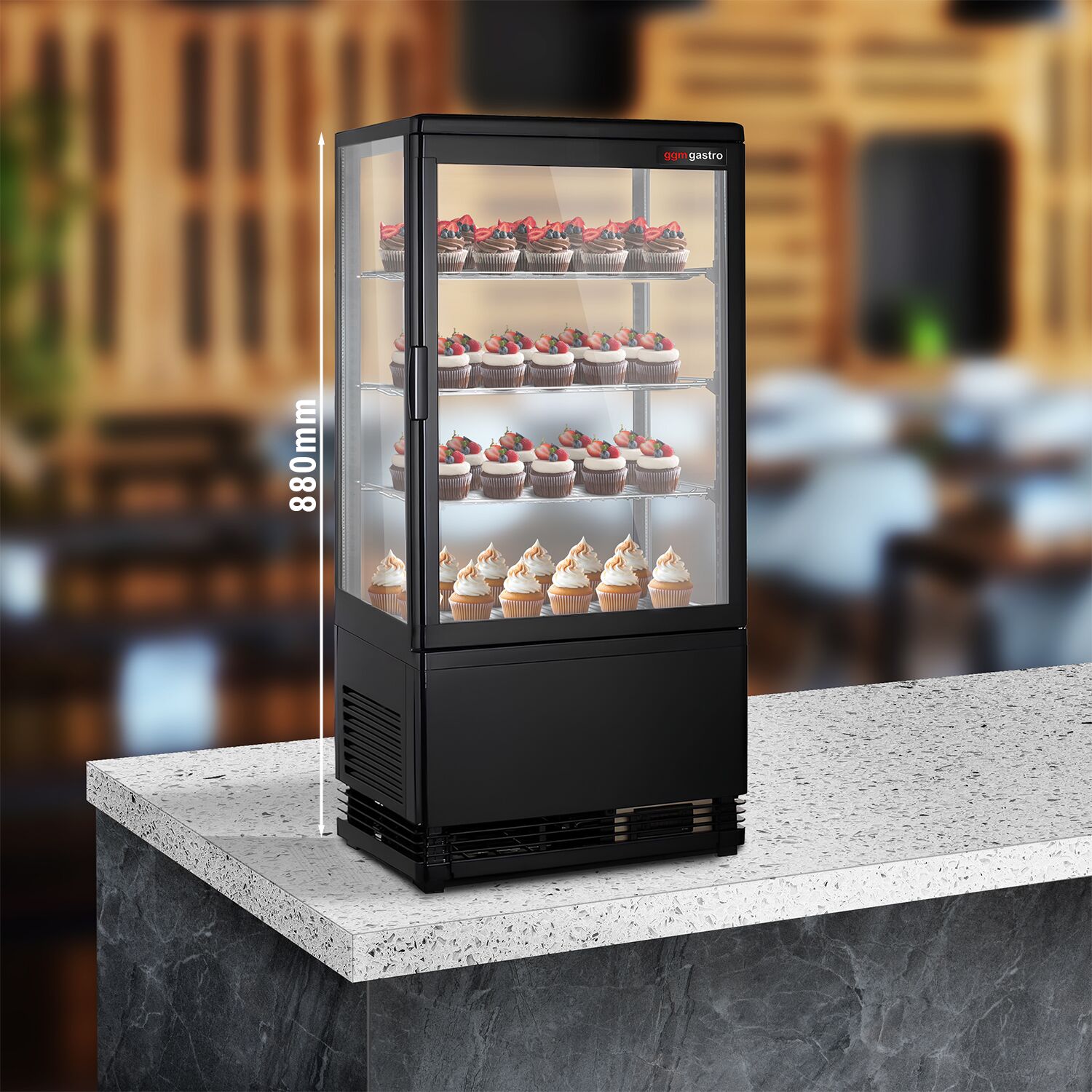 Countertop 4-Sided Glass Display Fridge - 68L - 428mm - Double glazing - square - black front - with 4 adjustable shelves - 1 glass door front - Black