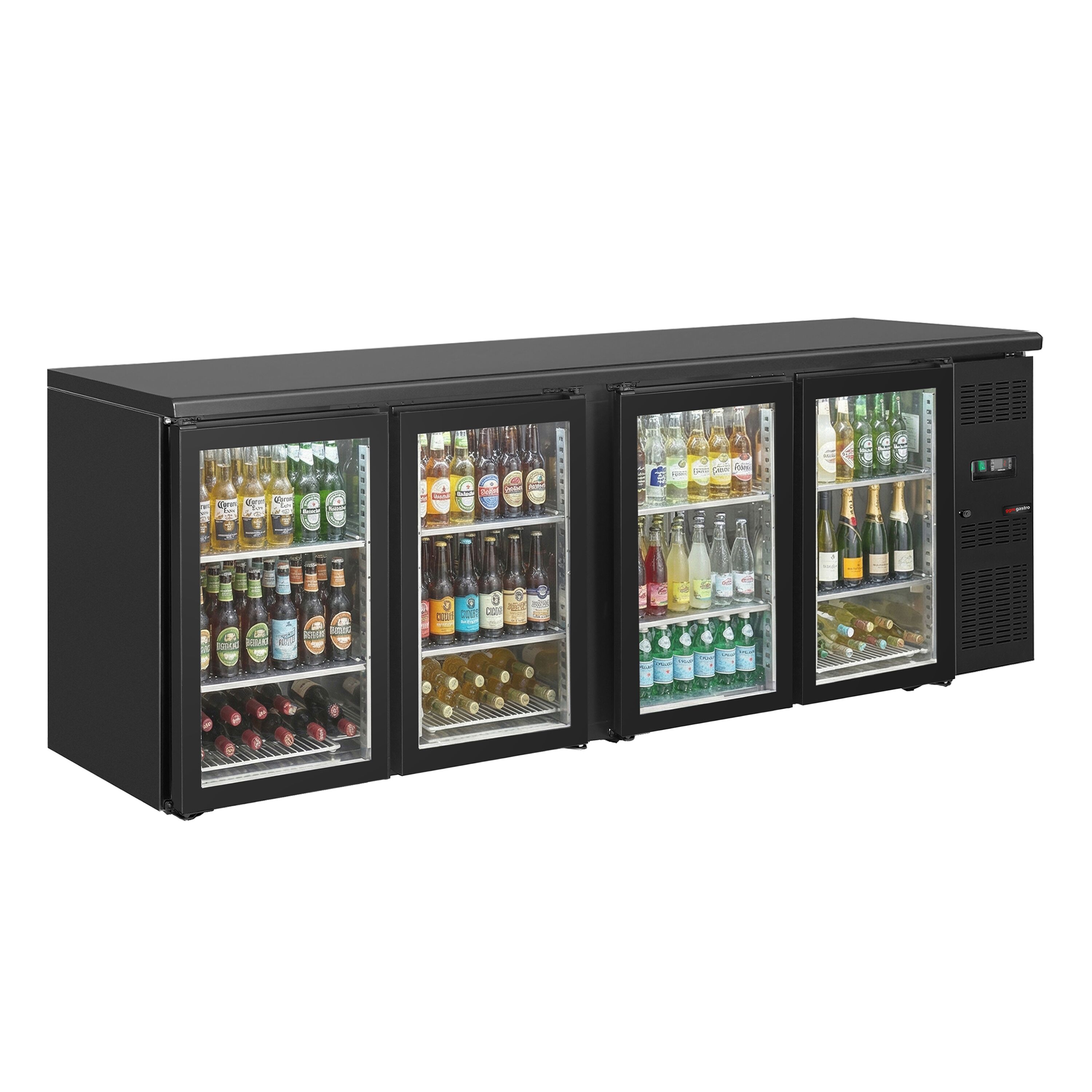 Table réfrigérée de bar & boissons ECO - 2542 mm - 4 portes vitrées sans cadre - noir
