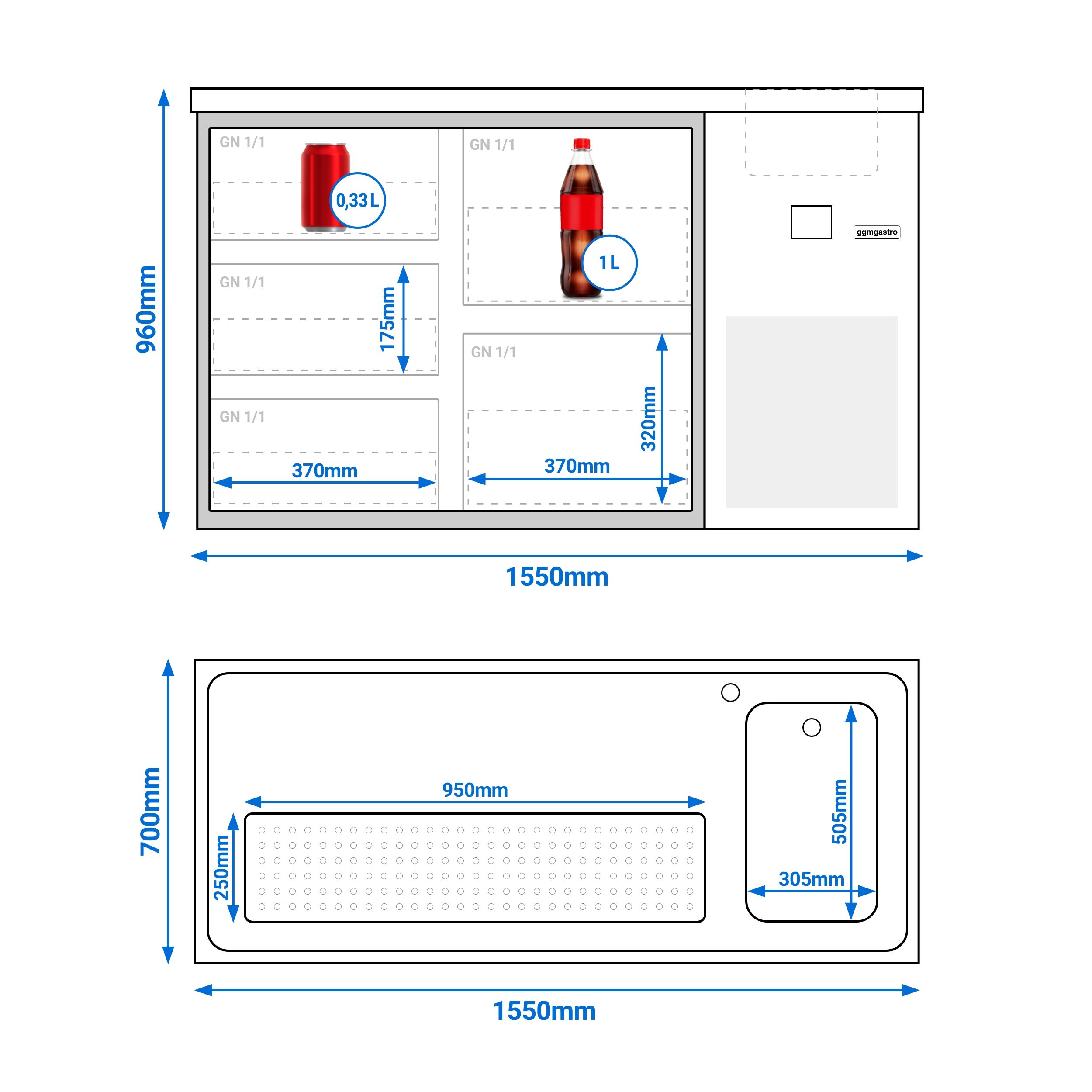 Comptoir de bar réfrigéré PREMIUM - 1550x700mm - 5 tiroirs en verre