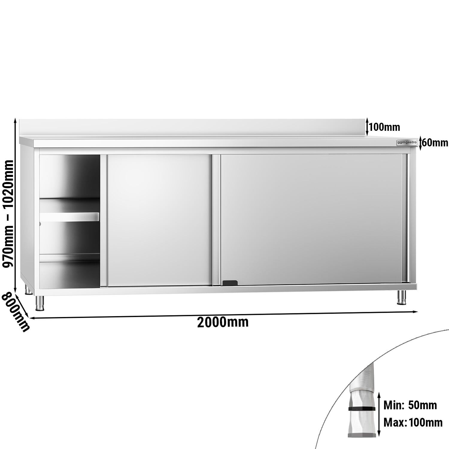Table armoire en acier inoxydable PREMIUM - 2000x800mm - avec portes coulissantes et étagère basse - avec dosseret