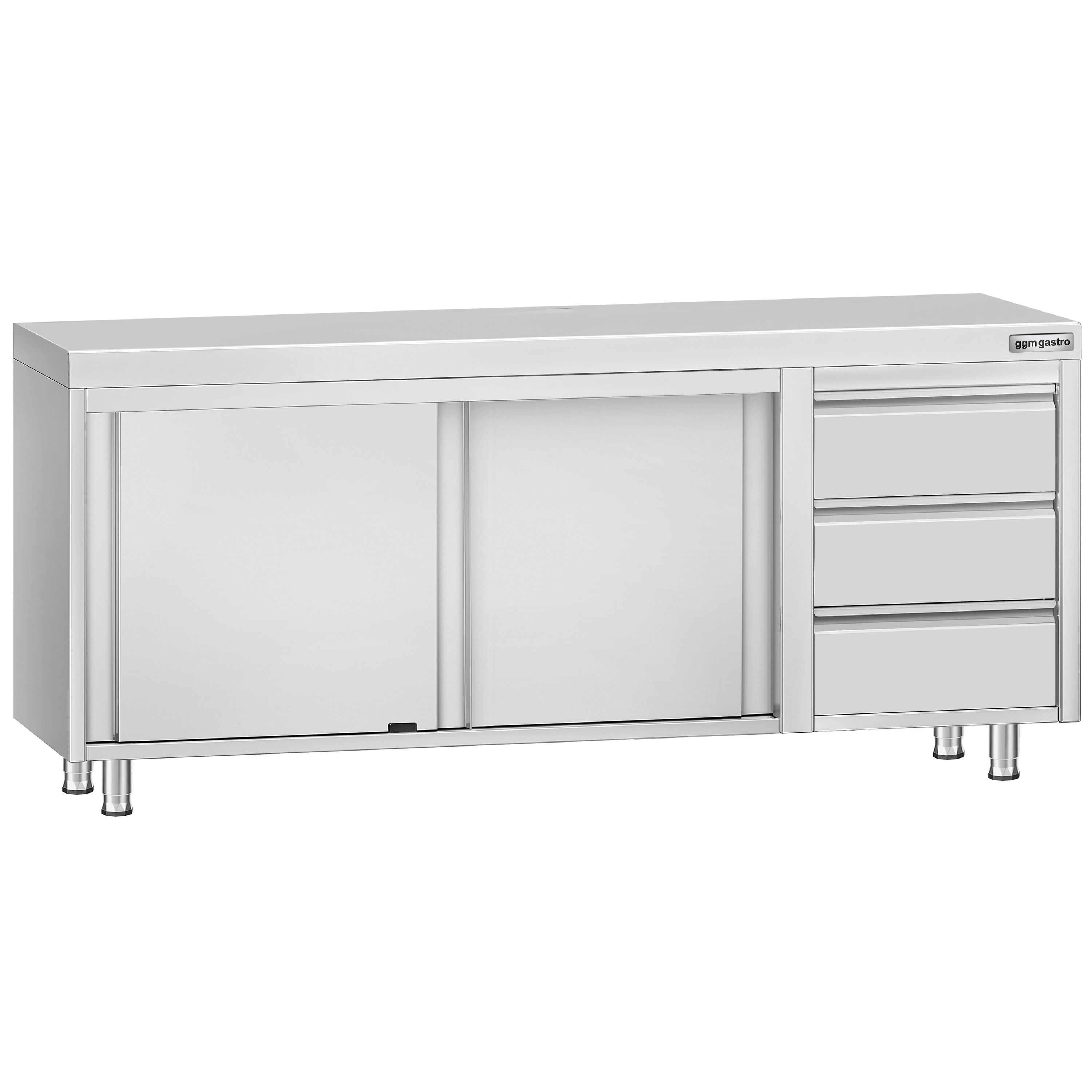 Table armoire en acier inoxydable ECO - 2000x700mm - avec 3 tiroirs à droite et portes coulissantes
