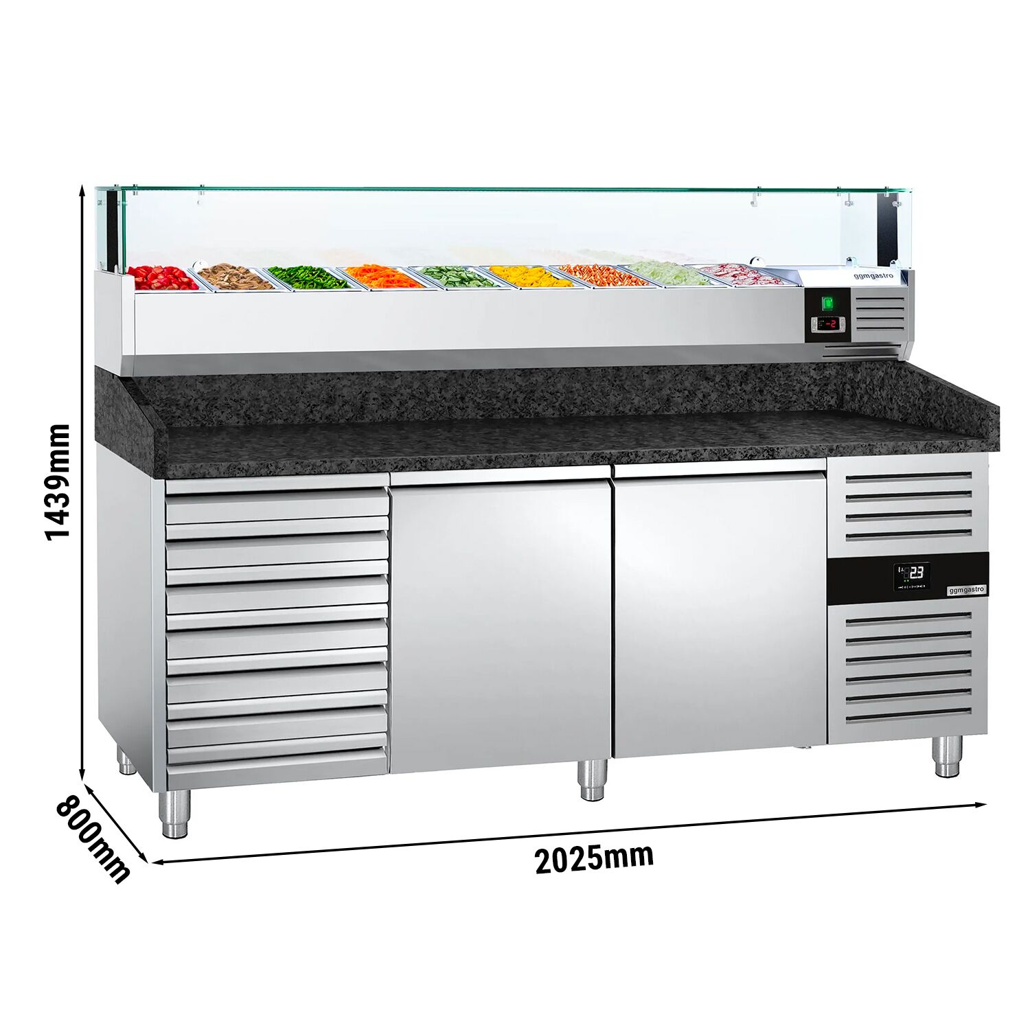 Table réfrigérée à pizza PREMIUM - 2000x800 mm - avec 2 portes & 7 tiroirs - incl. vitrine réfrigérée LED - 9x GN 1/3