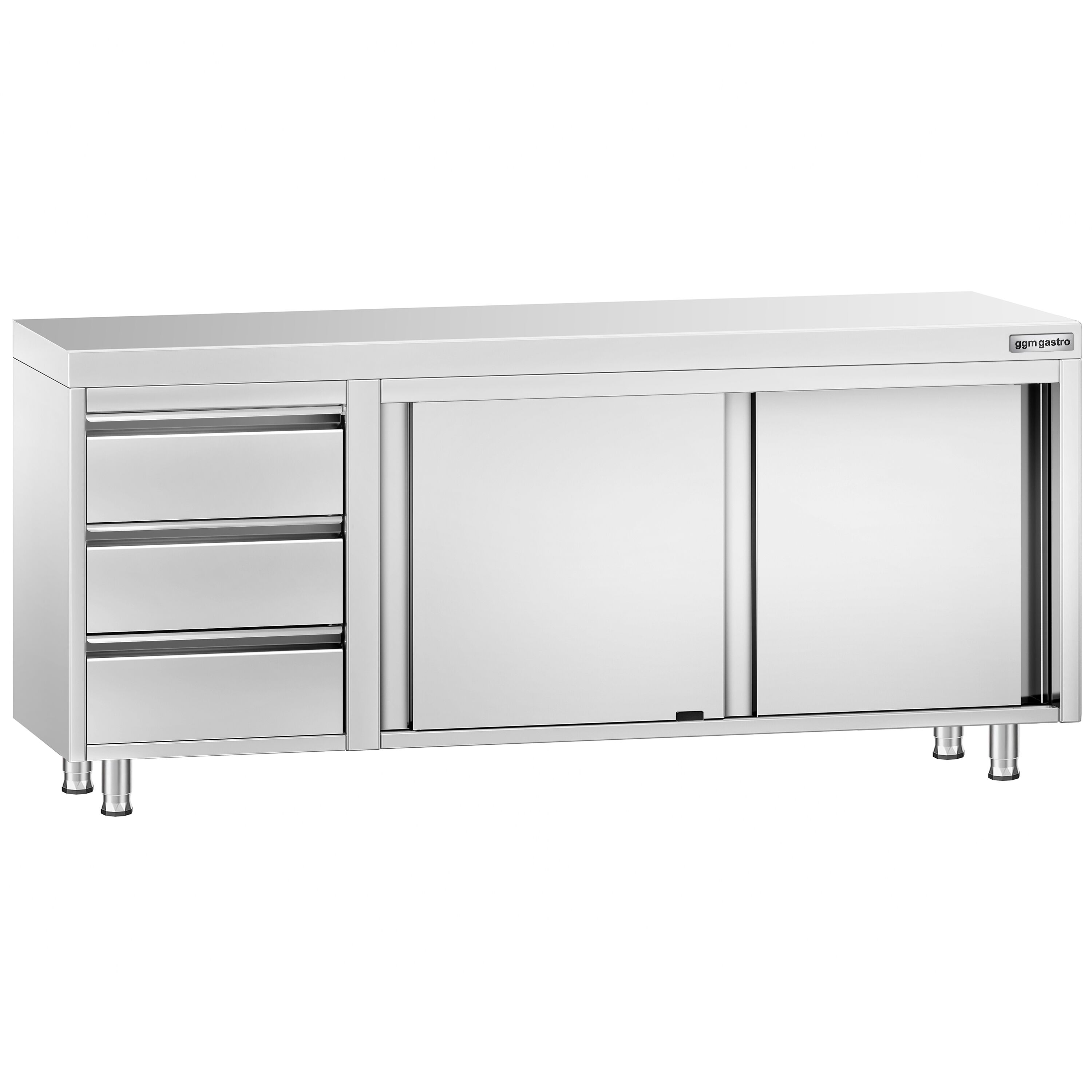 Table armoire en acier inoxydable PREMIUM - 2000x700mm - avec portes coulissantes et 3 tiroirs à gauche