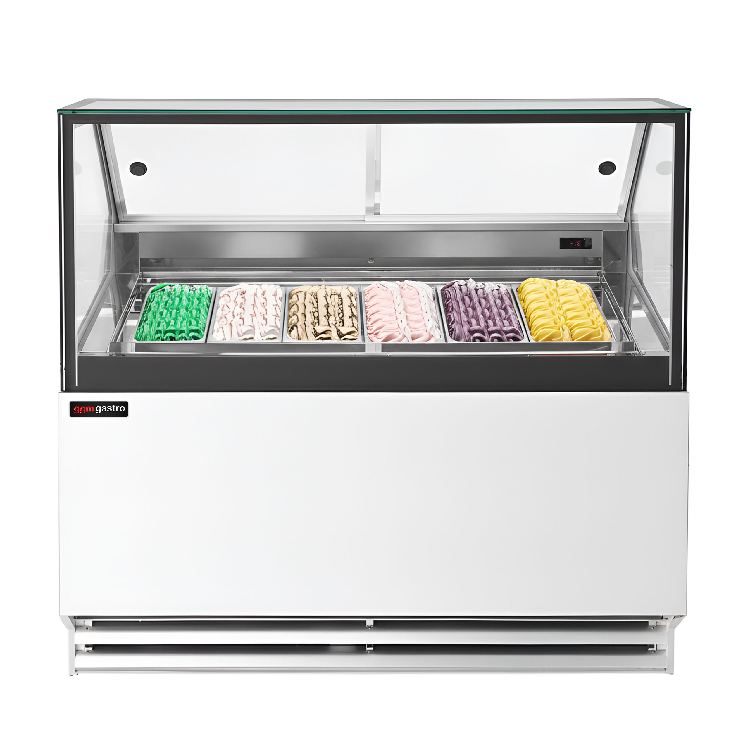 Vitrine à glace THEO – 1300 mm – refroidissement ventilé – pour 6 bacs à glace de 5 litres – Blanc
