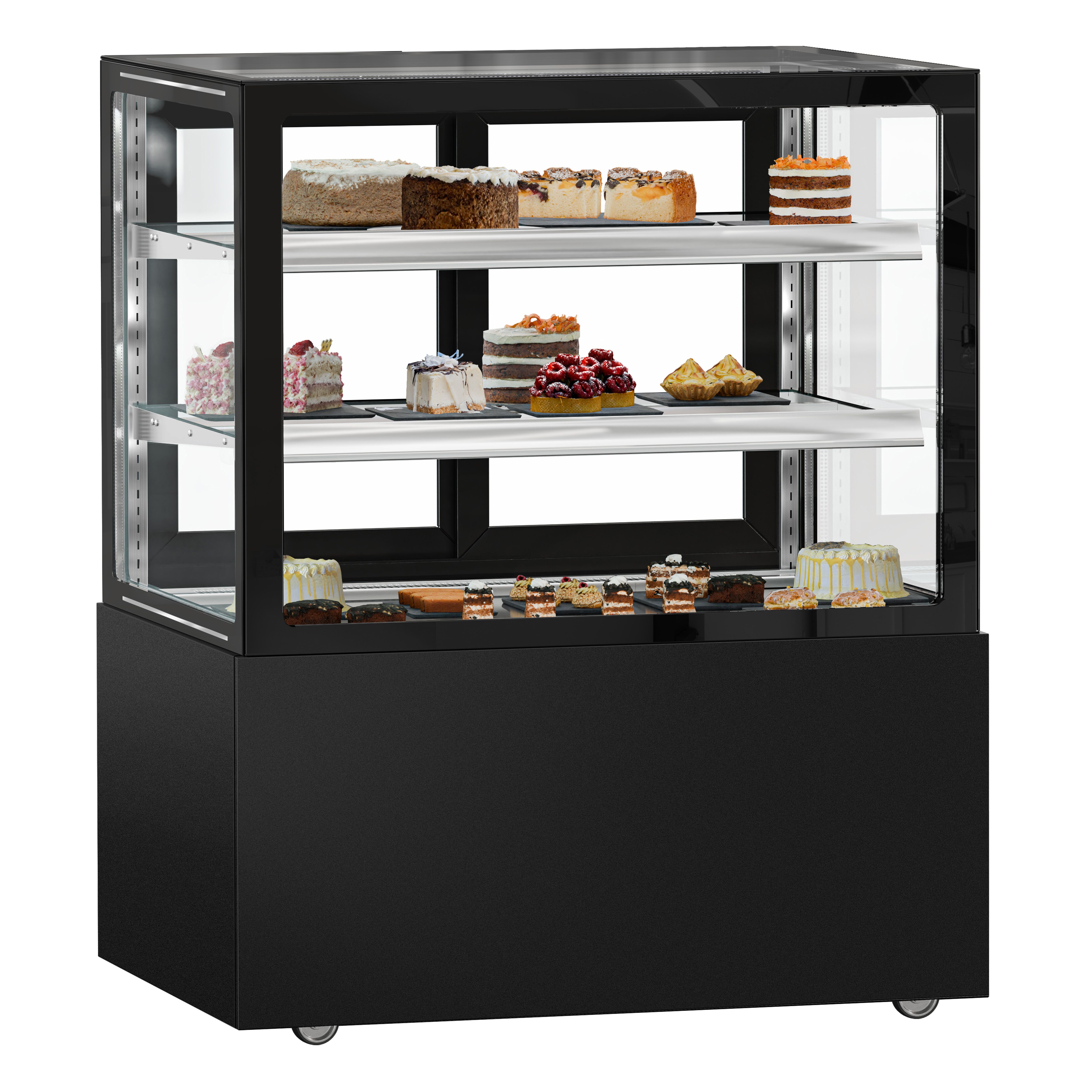 Vitrine à pâtisserie réfrigérée MADRID - 430L - 1000mm - Double vitrage - avec 2 étagères en verre - portes coulissantes vitrées arrière - Noir mat
