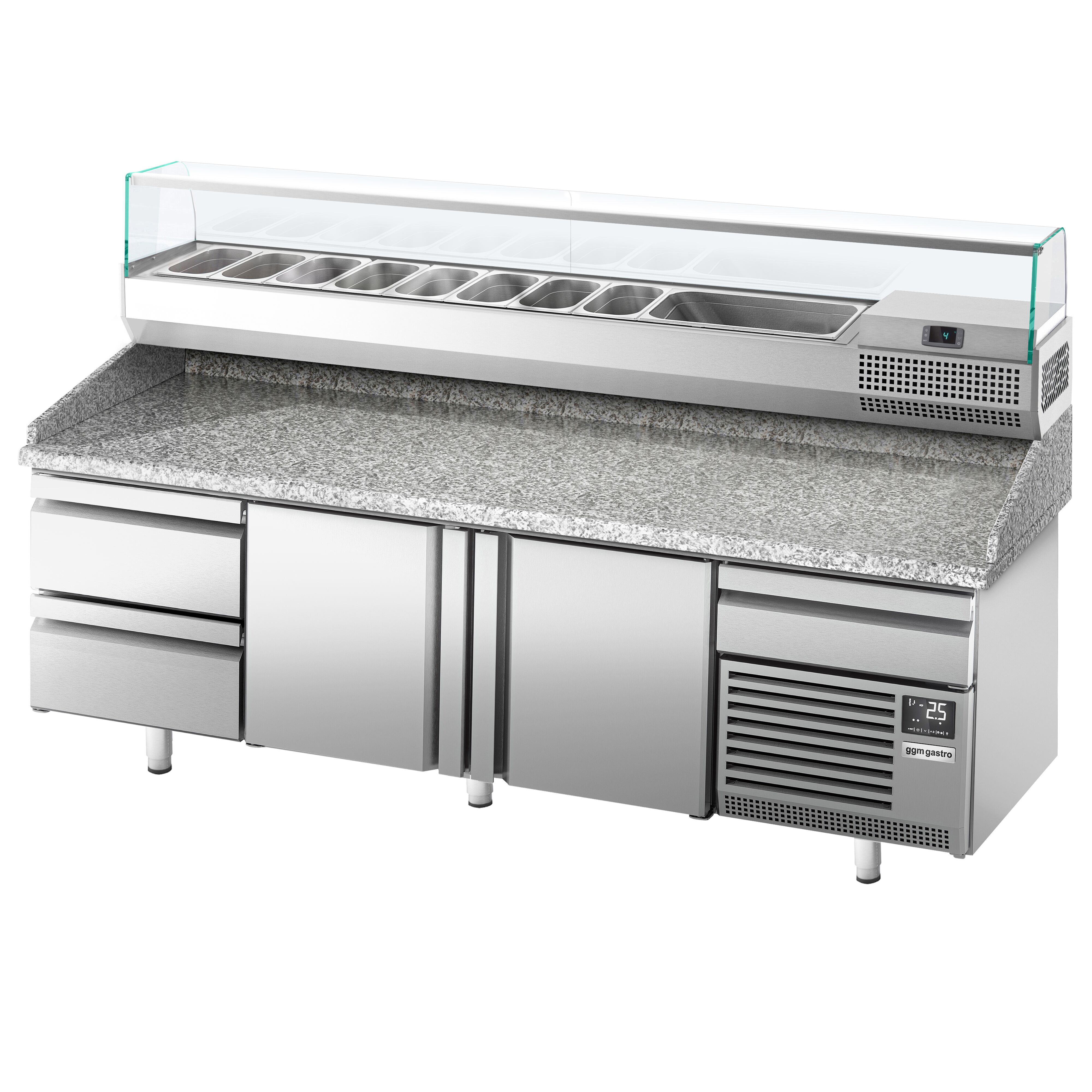 Table réfrigérée à pizza Premium PLUS - 2305 x 800 mm - avec 2 portes & 3 tiroirs - incl. vitrine réfrigérée de présentation - 10x GN 1/3