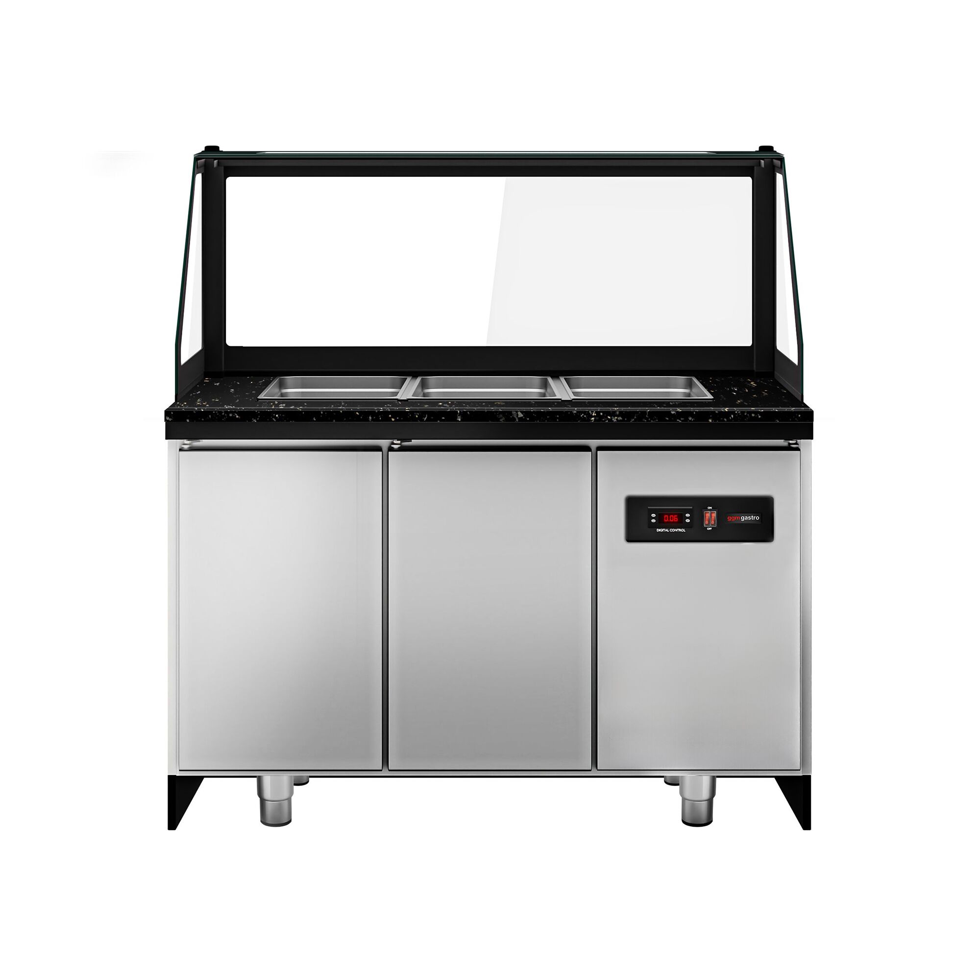 Saladette réfrigérée - 1250mm - façade décor bois naturel - 2 portes - avec vitrine de comptoir pour 3x GN 1/1 & 1 étagère - plan de travail en granit noir