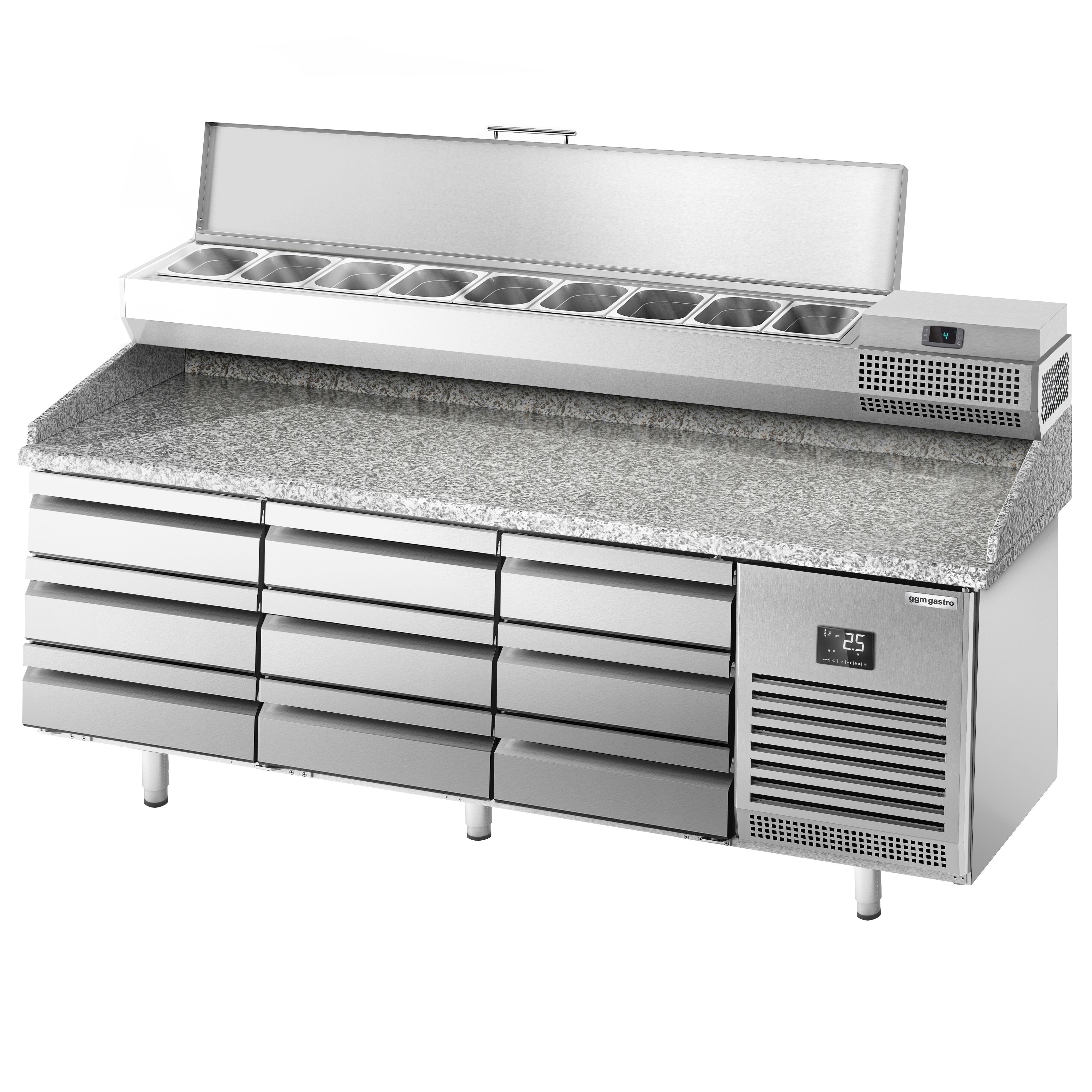 Table réfrigérée à pizza Premium PLUS - 1980x700 mm - avec 9 tiroirs - incl. vitrine réfrigérée - 9x GN 1/4