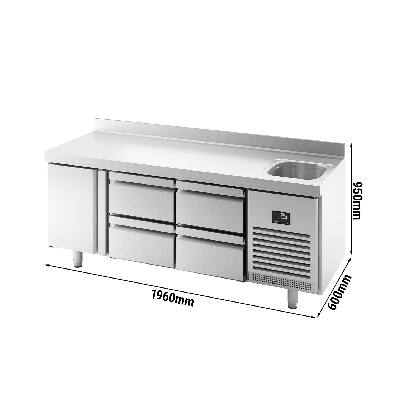 Table réfrigérée Premium PLUS - 1960 x 600 mm - avec 1 bac, 1 porte, 4 tiroirs - dosseret
