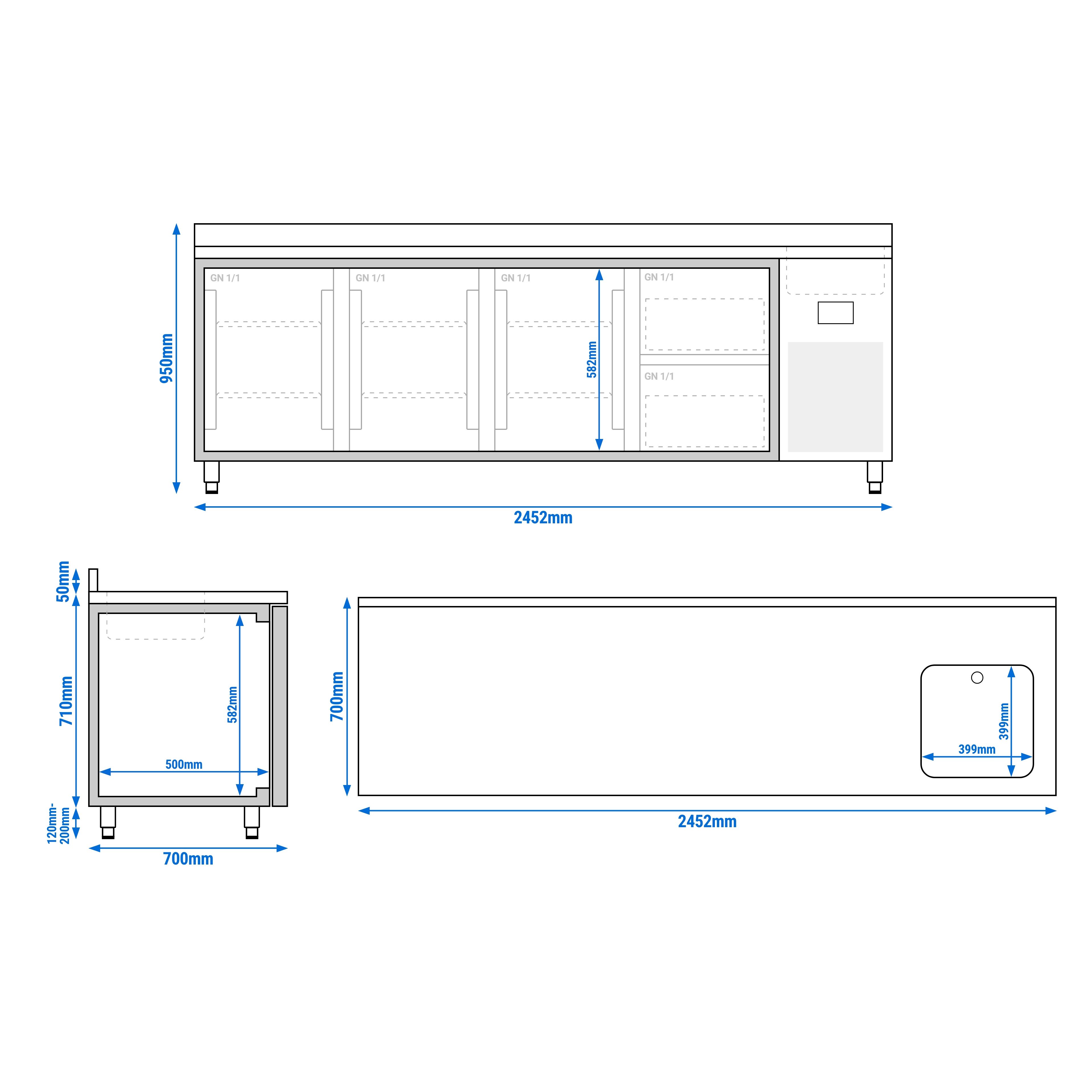 Table réfrigérée Premium PLUS - 2452 x 700 mm - avec 1 bac, 3 portes, 2 tiroirs - dosseret
