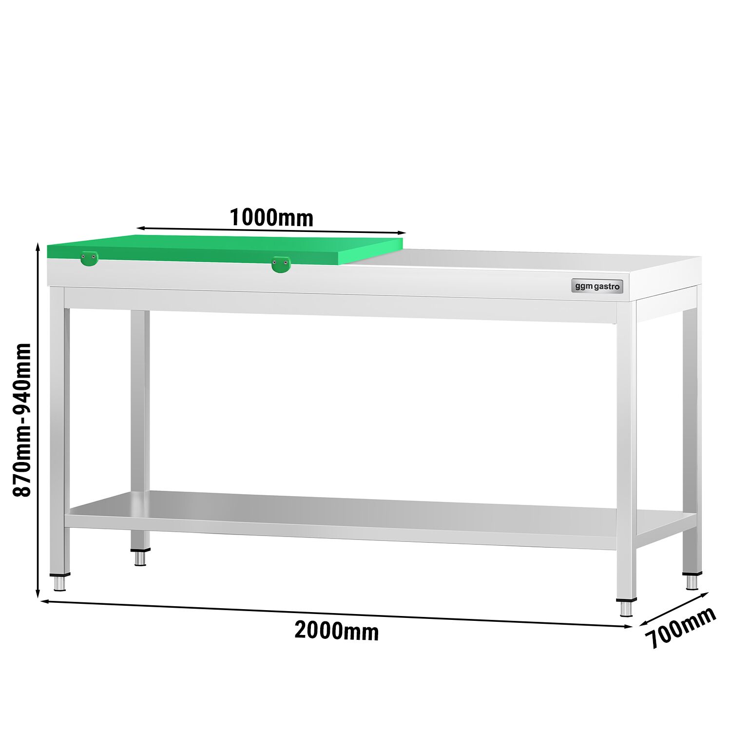 Table de travail inox PREMIUM - 2000 x 700 mm - avec tablette inférieure - incl. 1/2 Planche à découper Verte