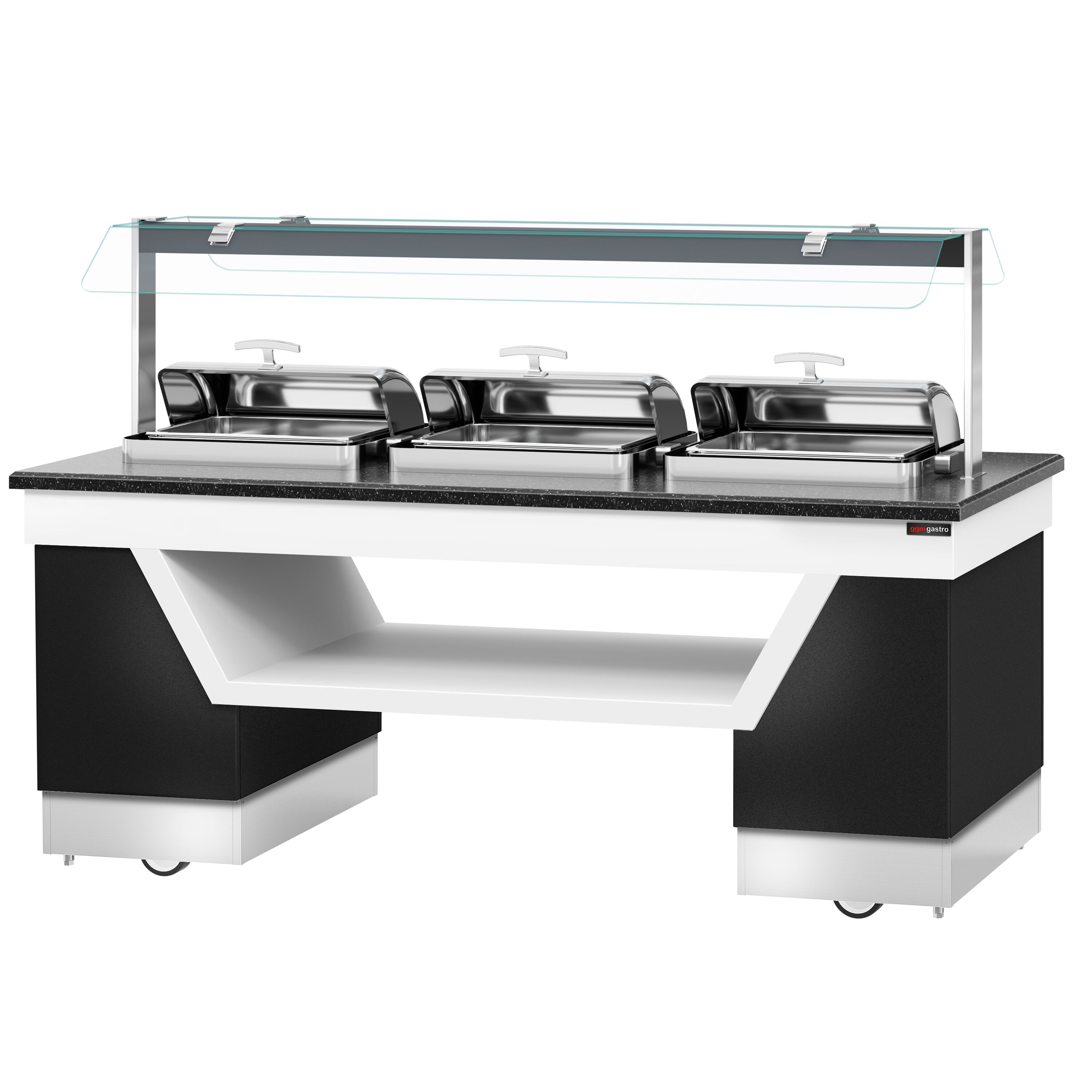 Heated Servery Counter BELFAST - 2300mm - with Hot Plate + Flat Glass Sneeze Guard - on Castors - for 3 Chafing Dishes - Black