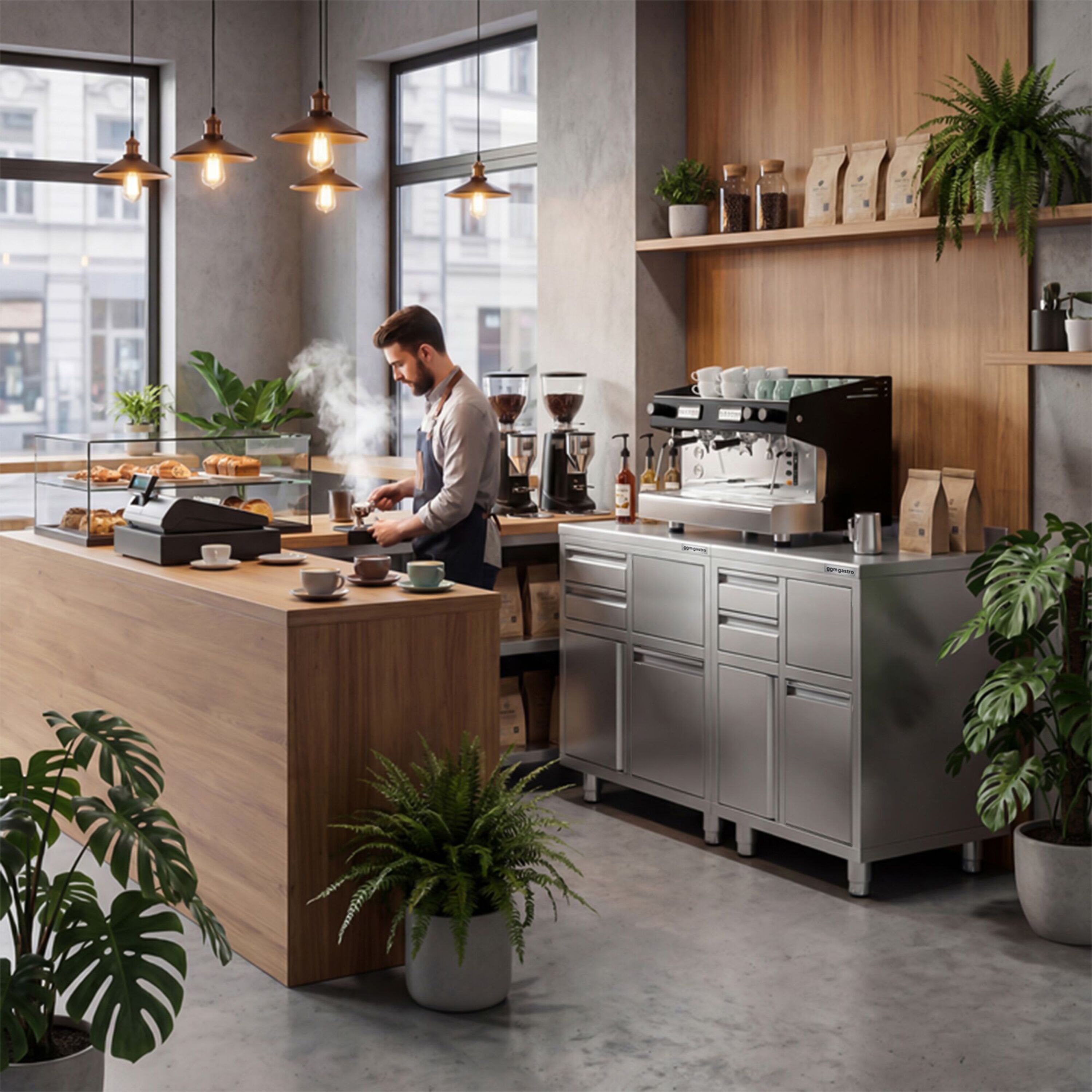 Armoire de travail PREMIUM pour machine à café filtre - 1400x600mm - avec dosseret - 4 tiroirs, 2 portes battantes, 2 tiroirs à marc de café