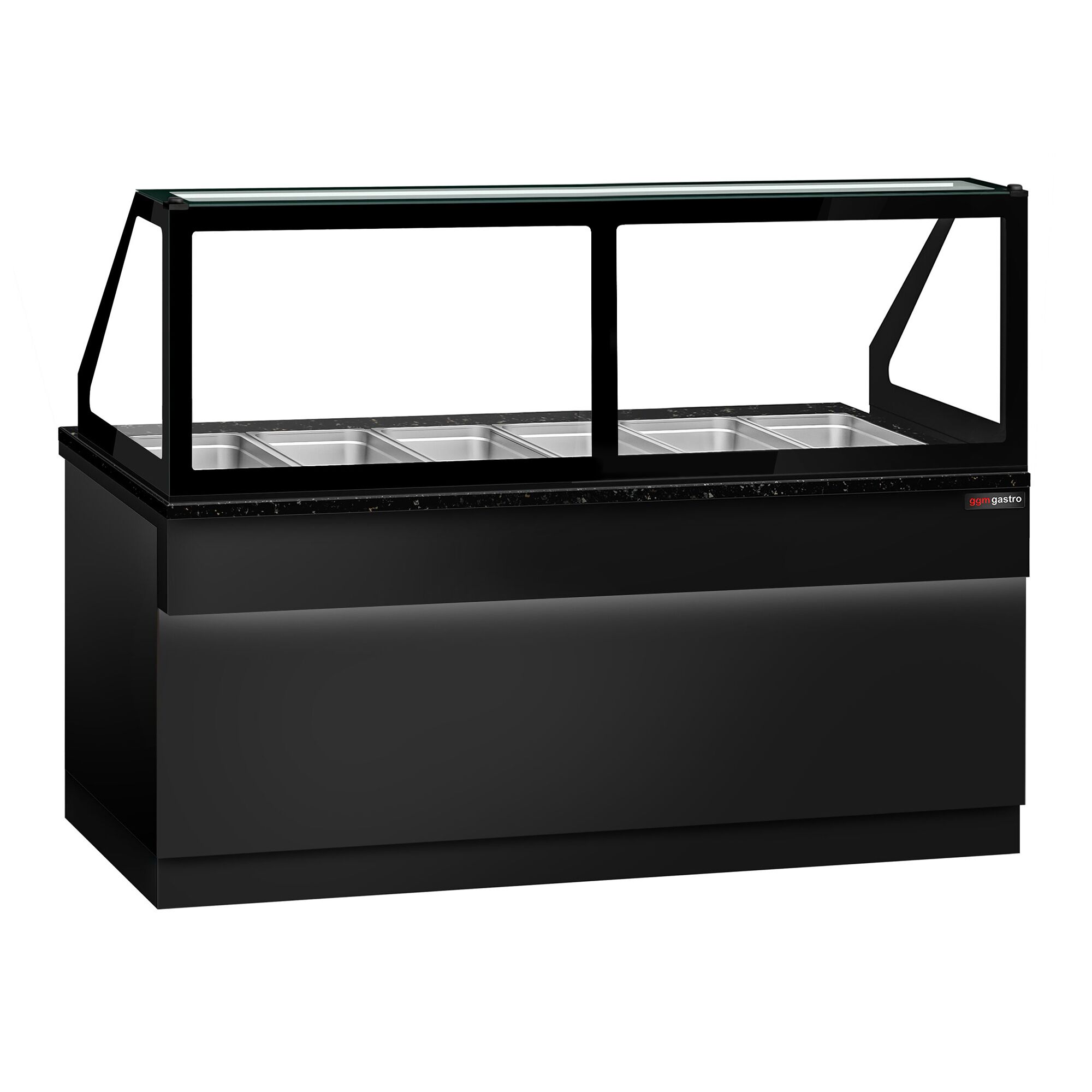 Vitrine chauffante TORONTO – 2100 mm – façade noire – pour 6 × GN 1/1 – plan de travail en granit noir