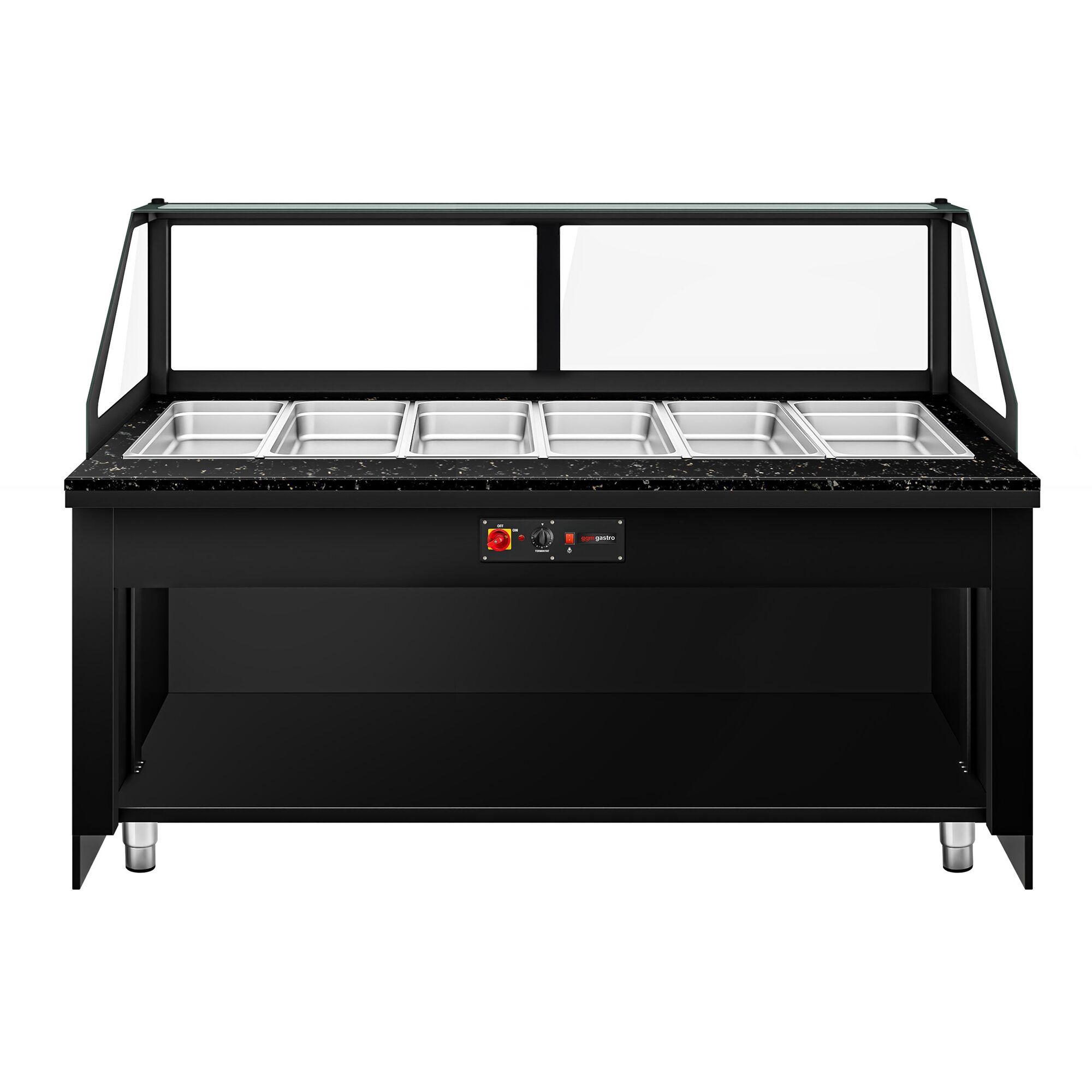 Vitrine chauffante TORONTO – 2100 mm – façade en bois – pour 6 × GN 1/1 – plan de travail en granit noir