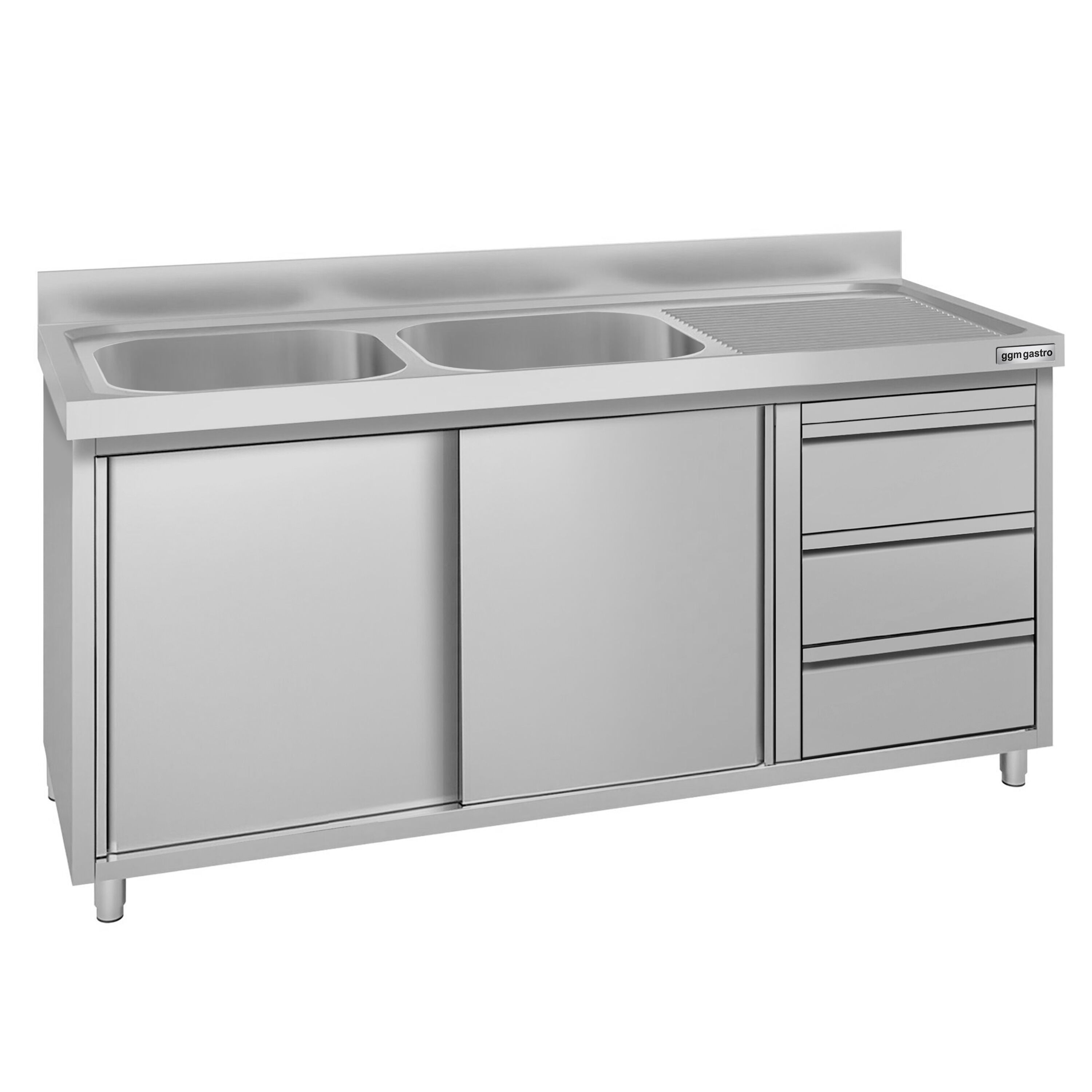 Meuble évier ECO - 1600 x 600 mm - avec 3 tiroirs & 2 bacs à gauche
