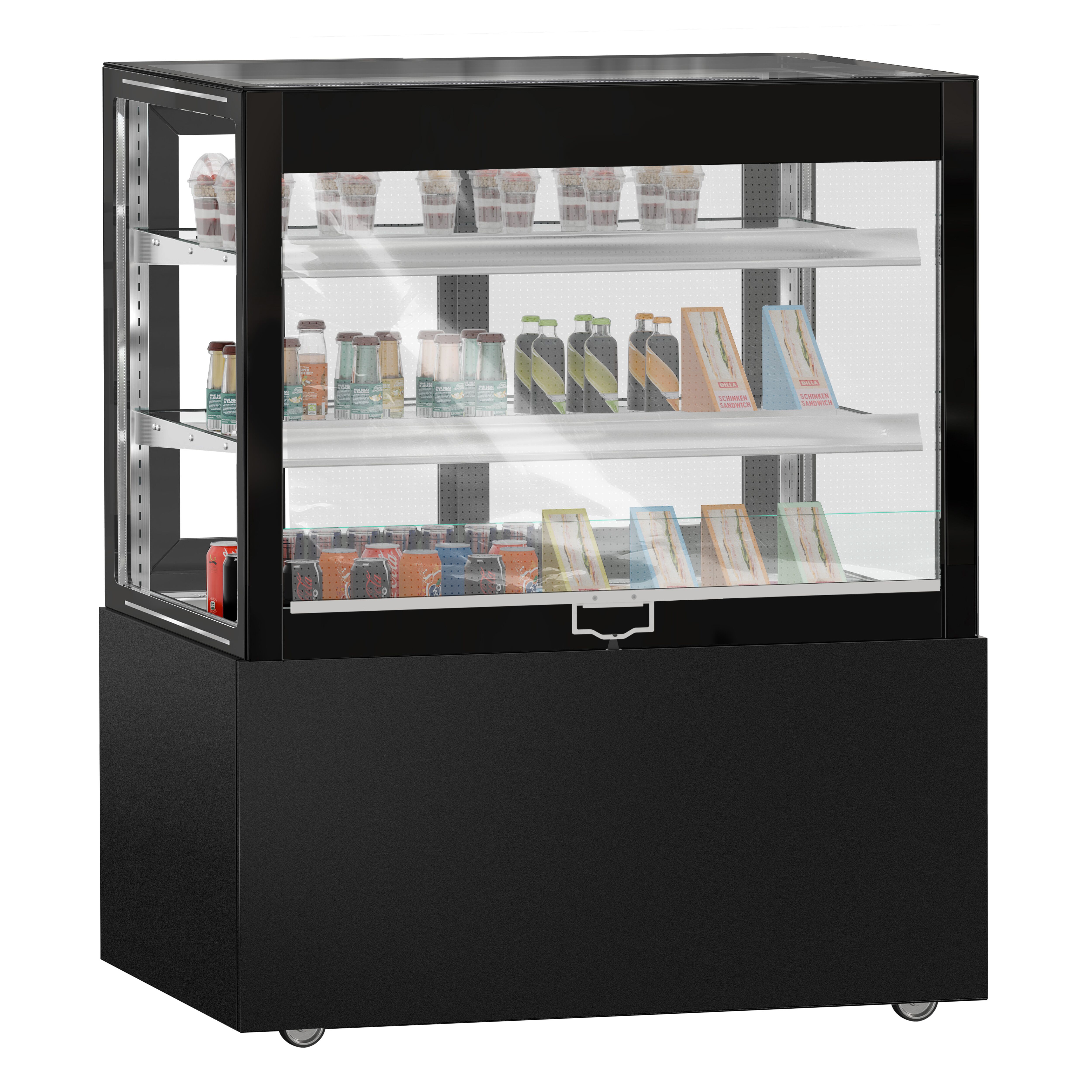 Vitrine à pâtisserie réfrigérée MADRID Self-Service - 435L - 1000mm - Double vitrage - avec 2 étagères en verre - portes coulissantes vitrées arrière - avec rideau de nuit - pour pâtisseries - Pour FR - Noir mat