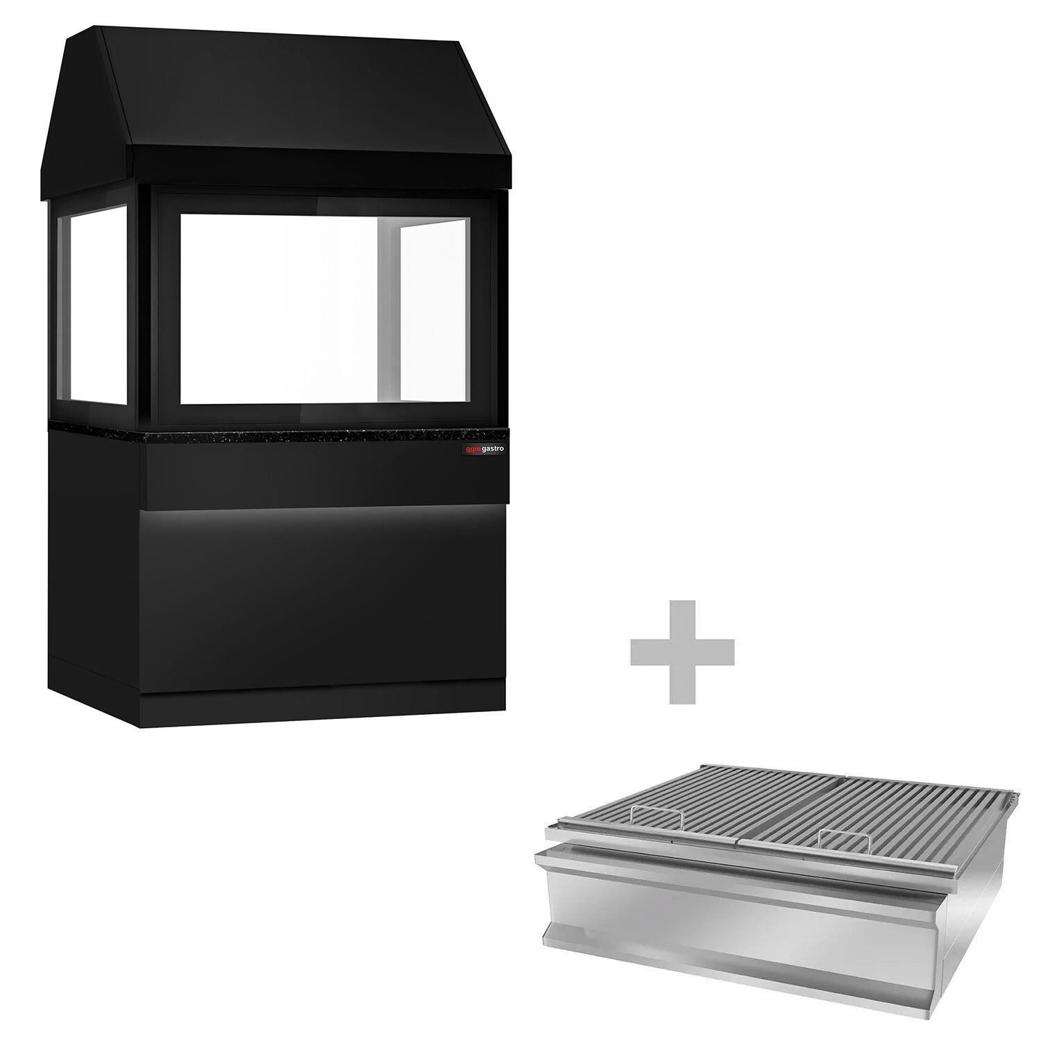 Barbecue au charbon de bois TORONTO – 1100 mm – façade noire – plan de travail en granit noir – verre de protection thermique