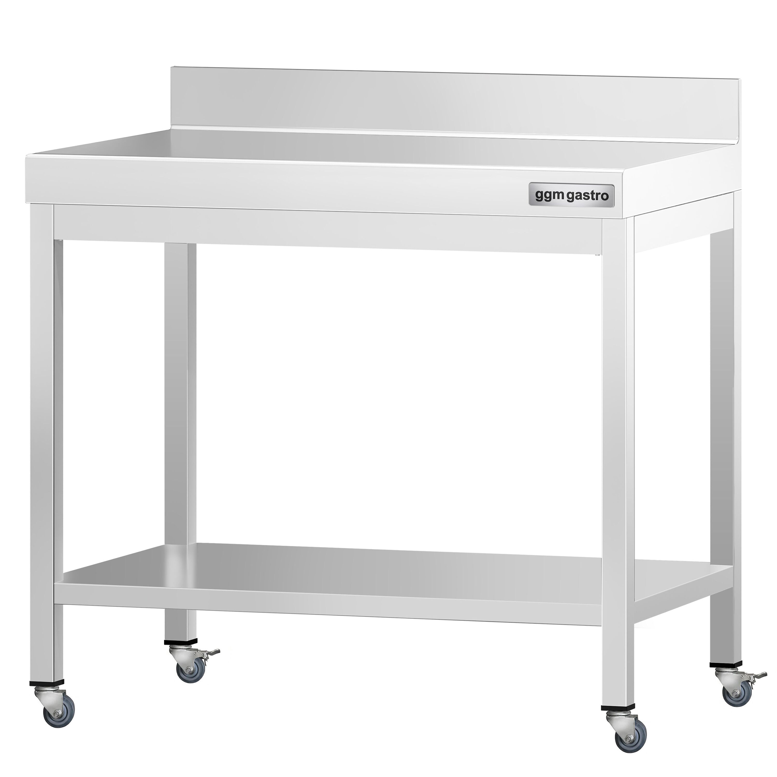 Table de travail en inox PREMIUM - 700 x 600 mm - avec tablette inférieure, dosseret et roulettes