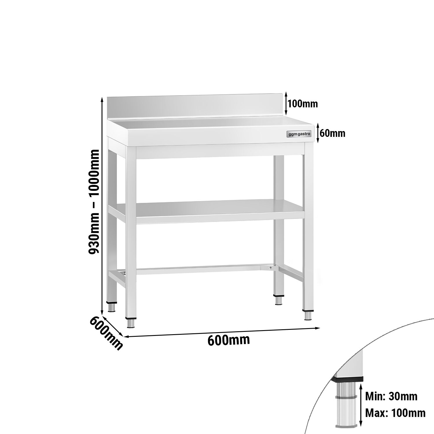 Table de travail en inox PREMIUM – 600x600 mm – avec tablette inférieure, dosseret et renforts