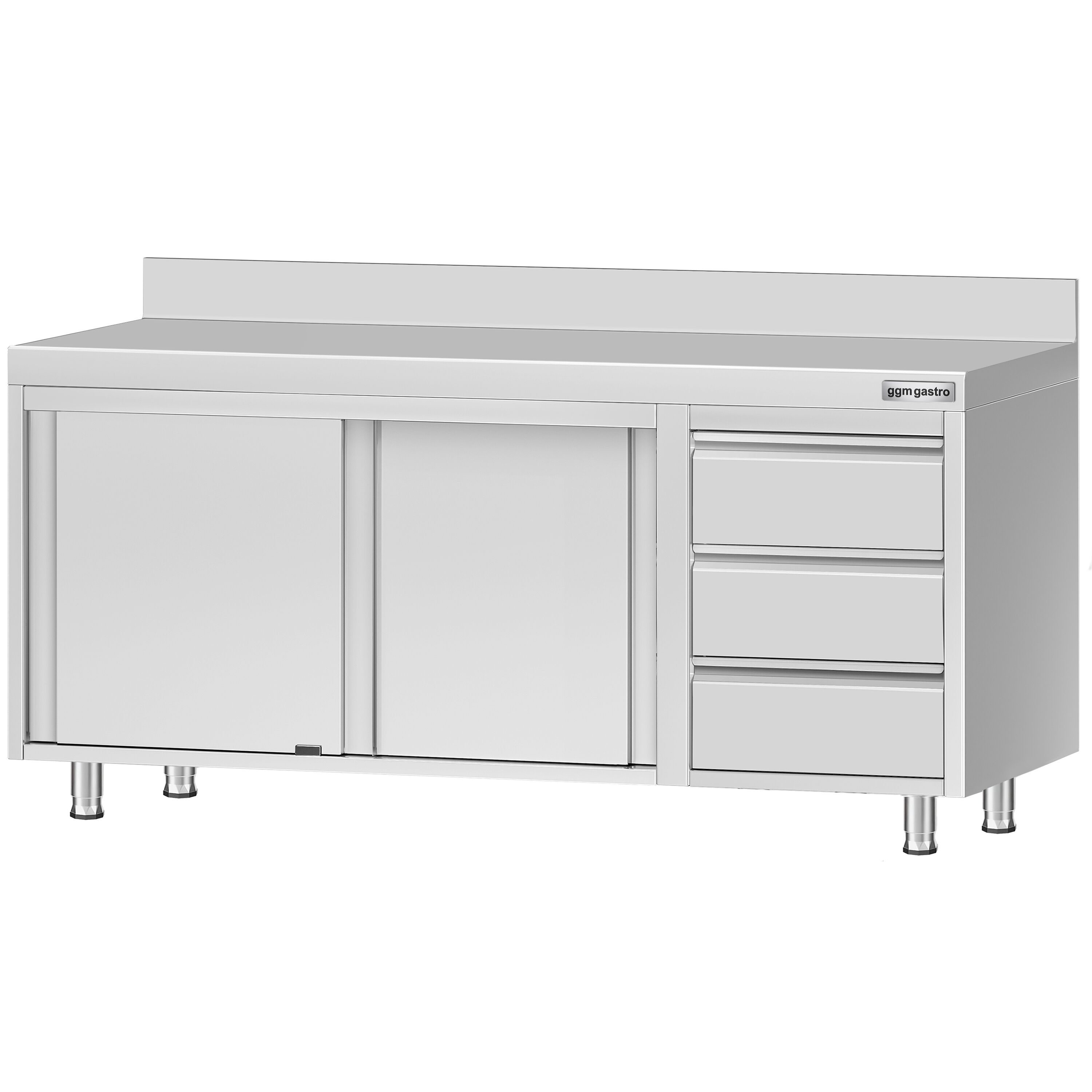 Table armoire en acier inoxydable ECO - 1800x700mm - avec 3 tiroirs à droite et portes coulissantes - avec dosseret