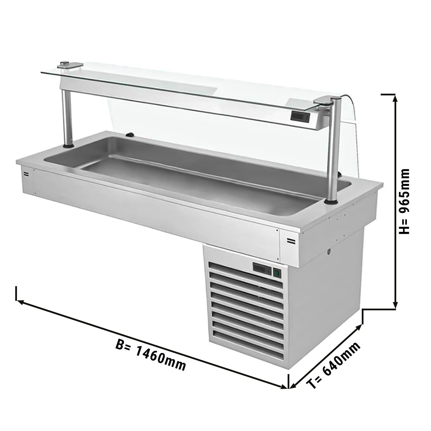 Commercial Drop-in Refrigerated Well - 1500mm - +2 to +8°C - 4x GN 1/1 - 390W - Curved Glass - with Glass Sneeze Guard