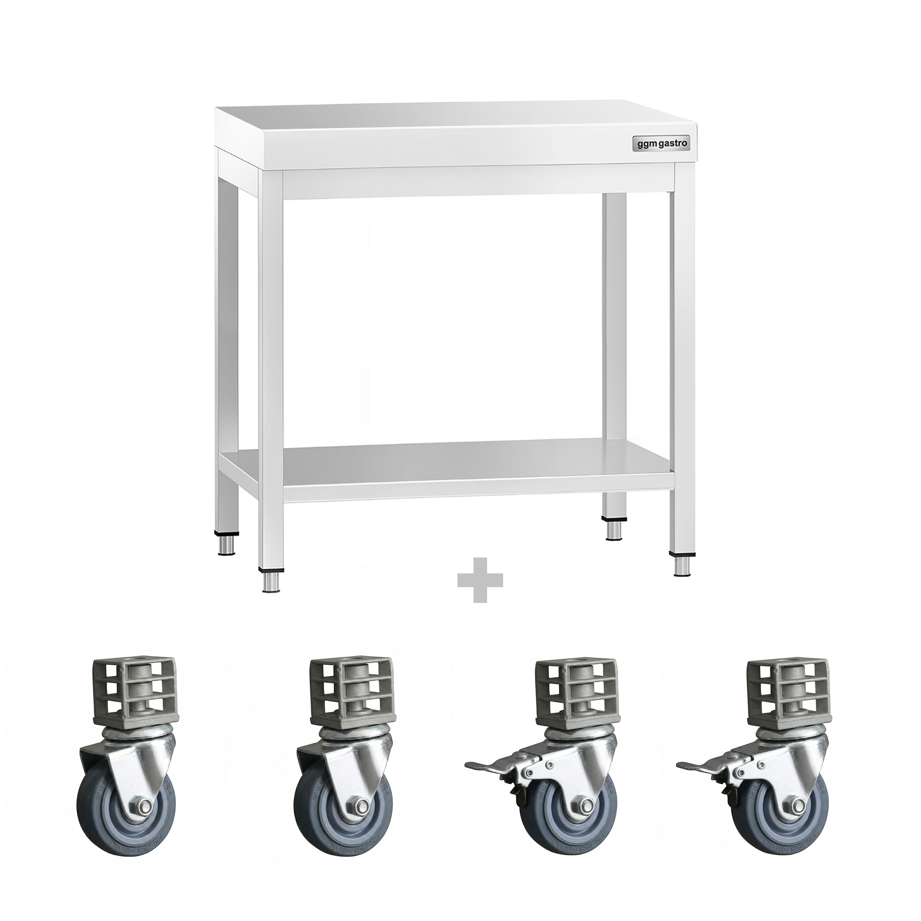 Table de travail en inox PREMIUM - 800 x 700 mm - avec tablette inférieure et roulettes