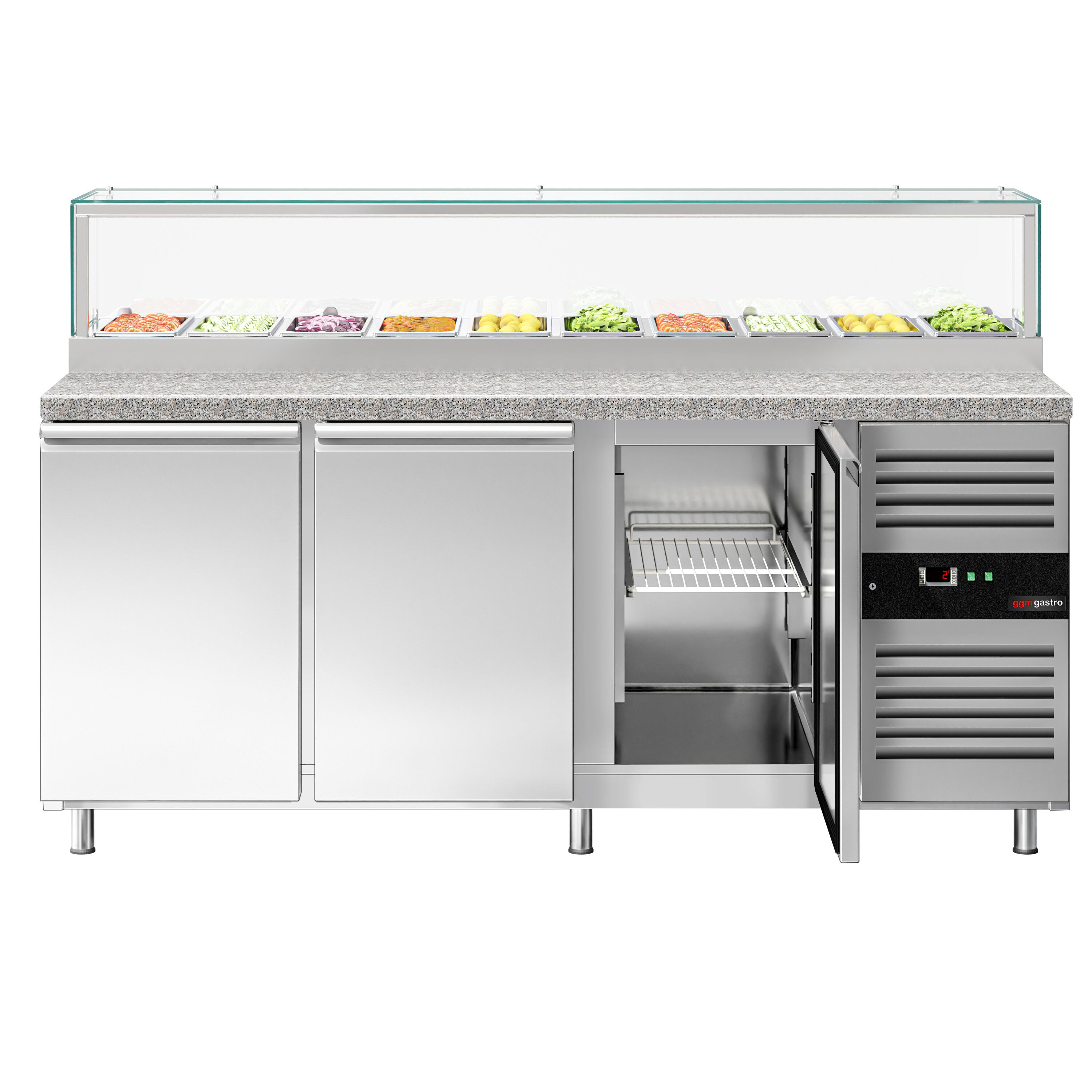 Saladette réfrigérée PREMIUM - 2020mm - 3 portes - avec vitrine de comptoir pour 10x GN 1/3 & 1 étagère - plan de travail en granit noir
