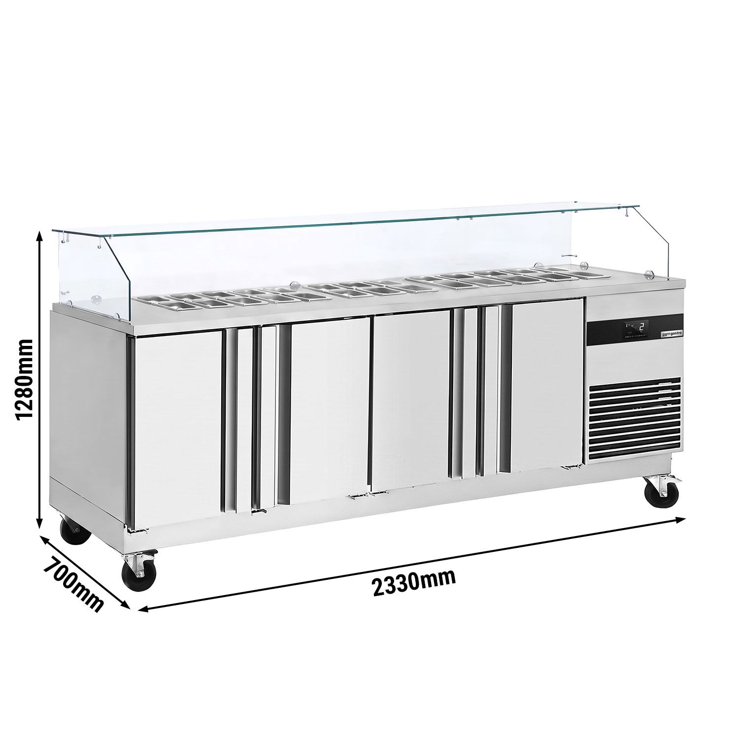 Saladette PREMIUM - 2330mm - 4 Türen - mit eckigem Glasaufsatz für 10x GN 1/6