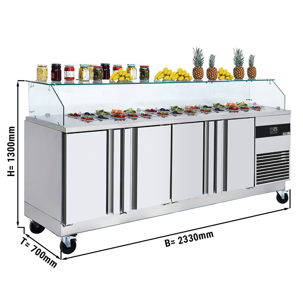 Commercial Saladette Counter PREMIUM - 2330mm - 4 doors - with square glass canopy for 10 x GN 1/6