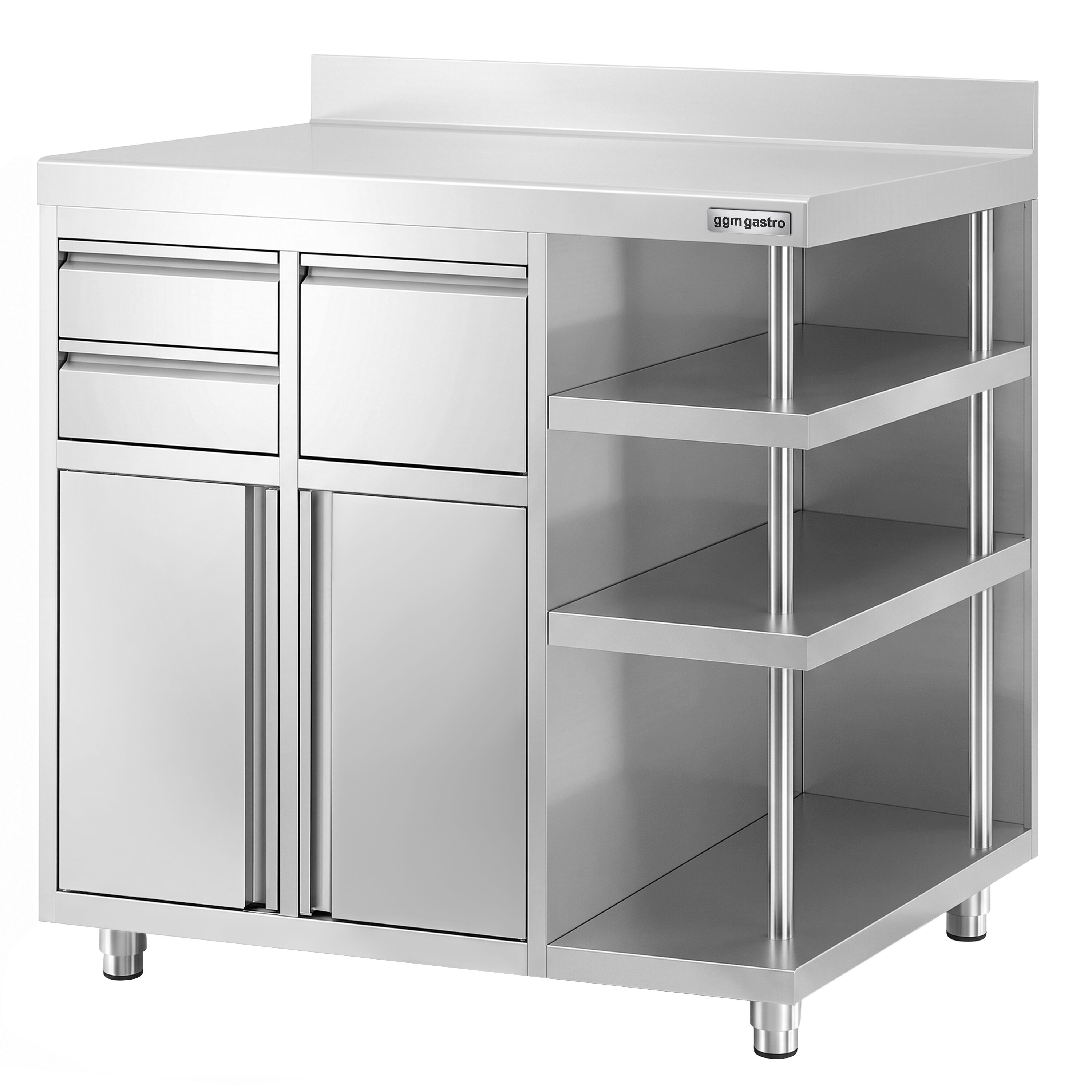 Arbetsskåp – för kaffebryggare – 1200 x 600 mm – med 2 svängdörrar, 2 lådor, avklappningsanordning, 3 hyllor och upphöjd kant