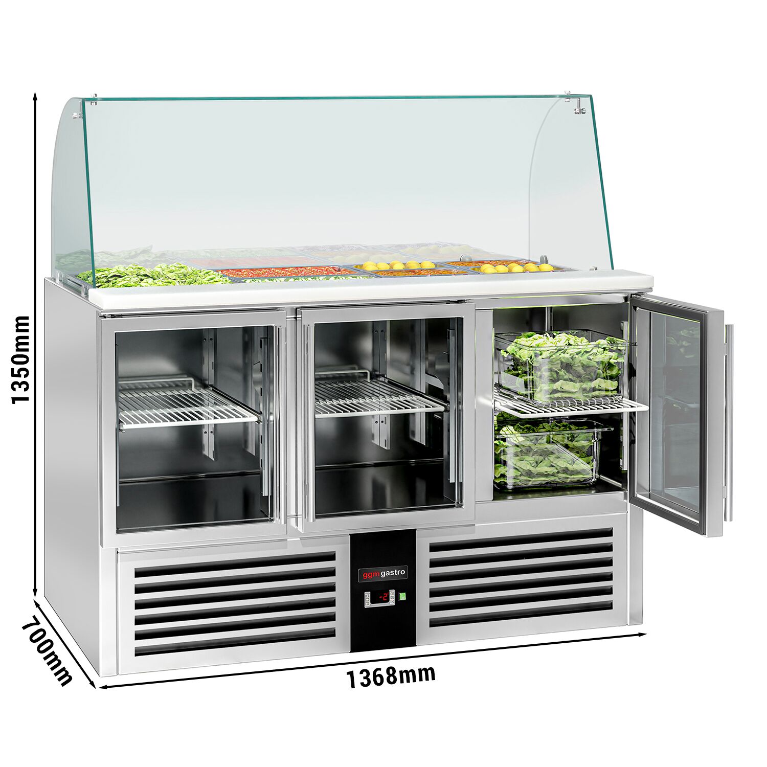 Saladette réfrigérée PREMIUM - 1368mm - 288L - 3 portes vitrées - avec vitrine de comptoir pour 4x GN 1/1