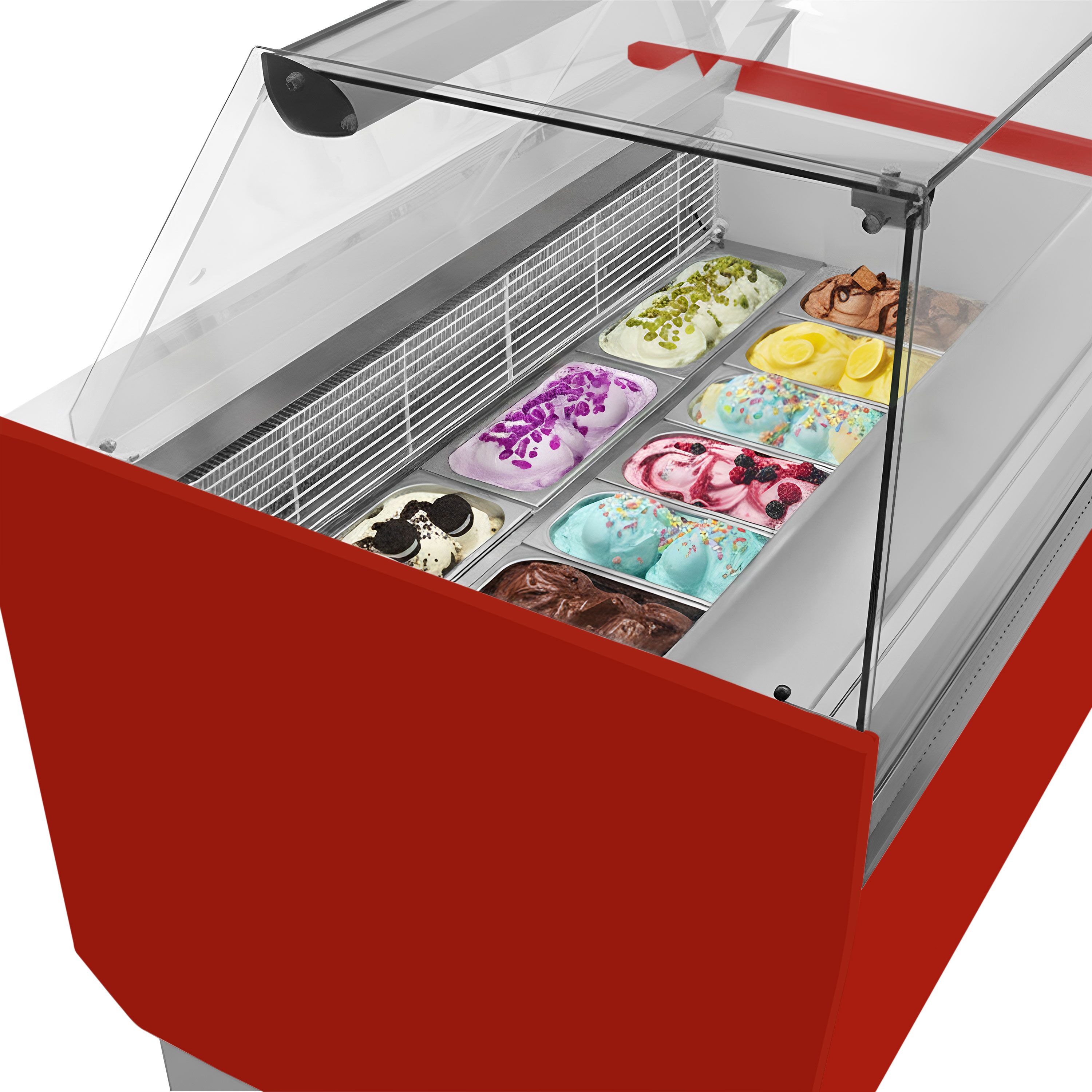 Vitrine à glace LIAM – 1310 mm – refroidissement statique – pour 10+10 bacs à glace de 5 litres – Rouge