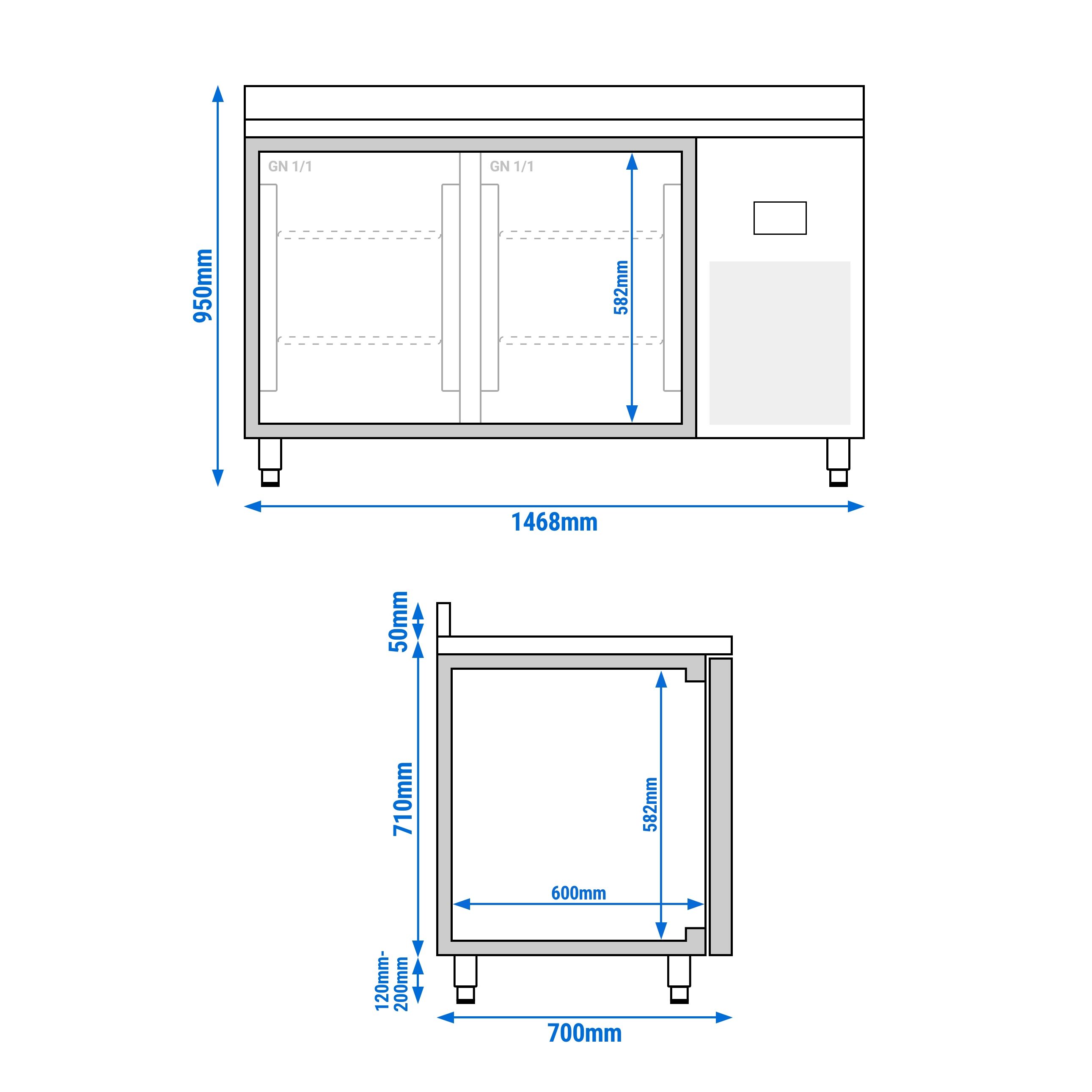 Table de congélation Premium PLUS - 1468x700 mm - avec 2 portes - avec dosseret