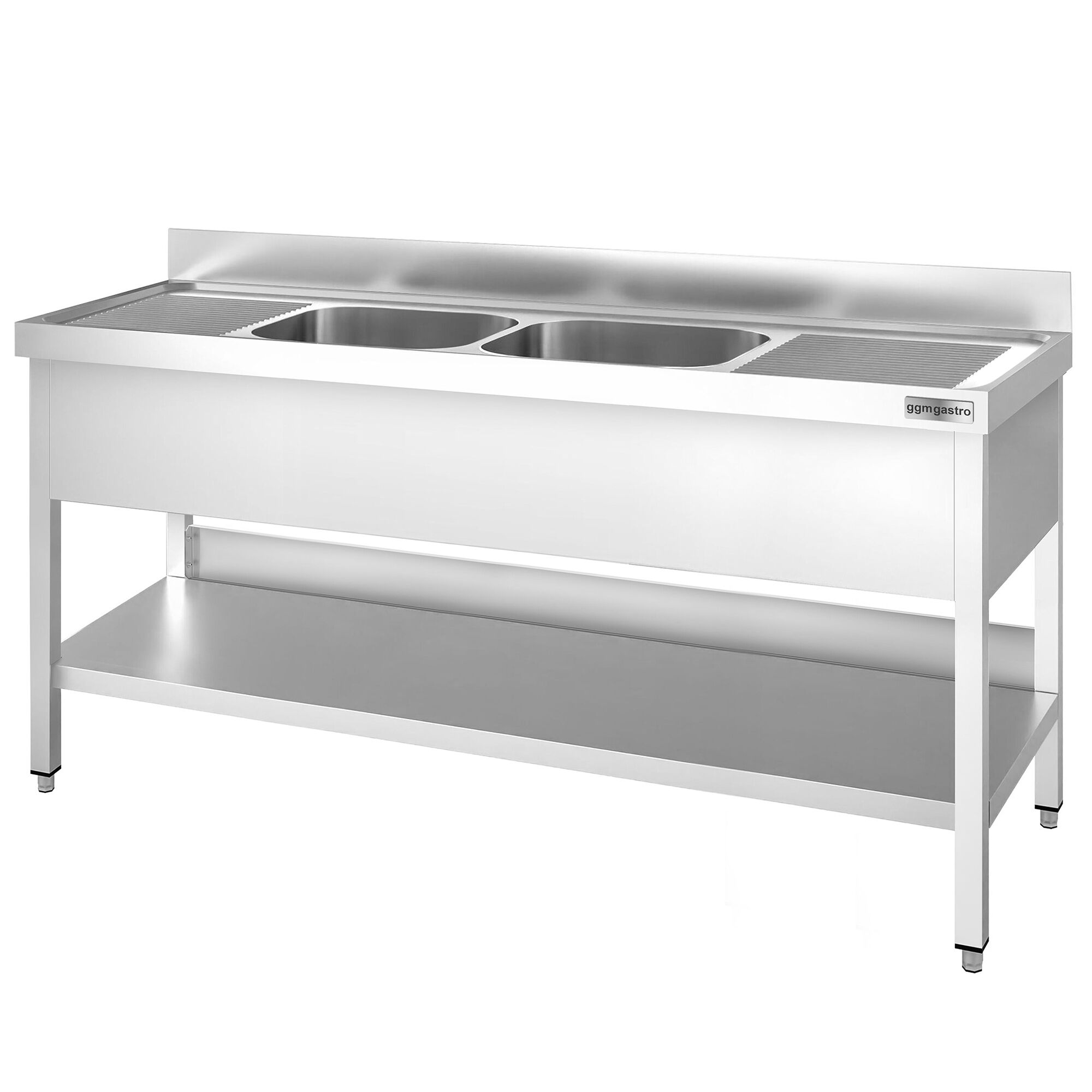 Plonge en inox PREMIUM - 2000x600mm - avec étagère basse - 2 bacs au centre