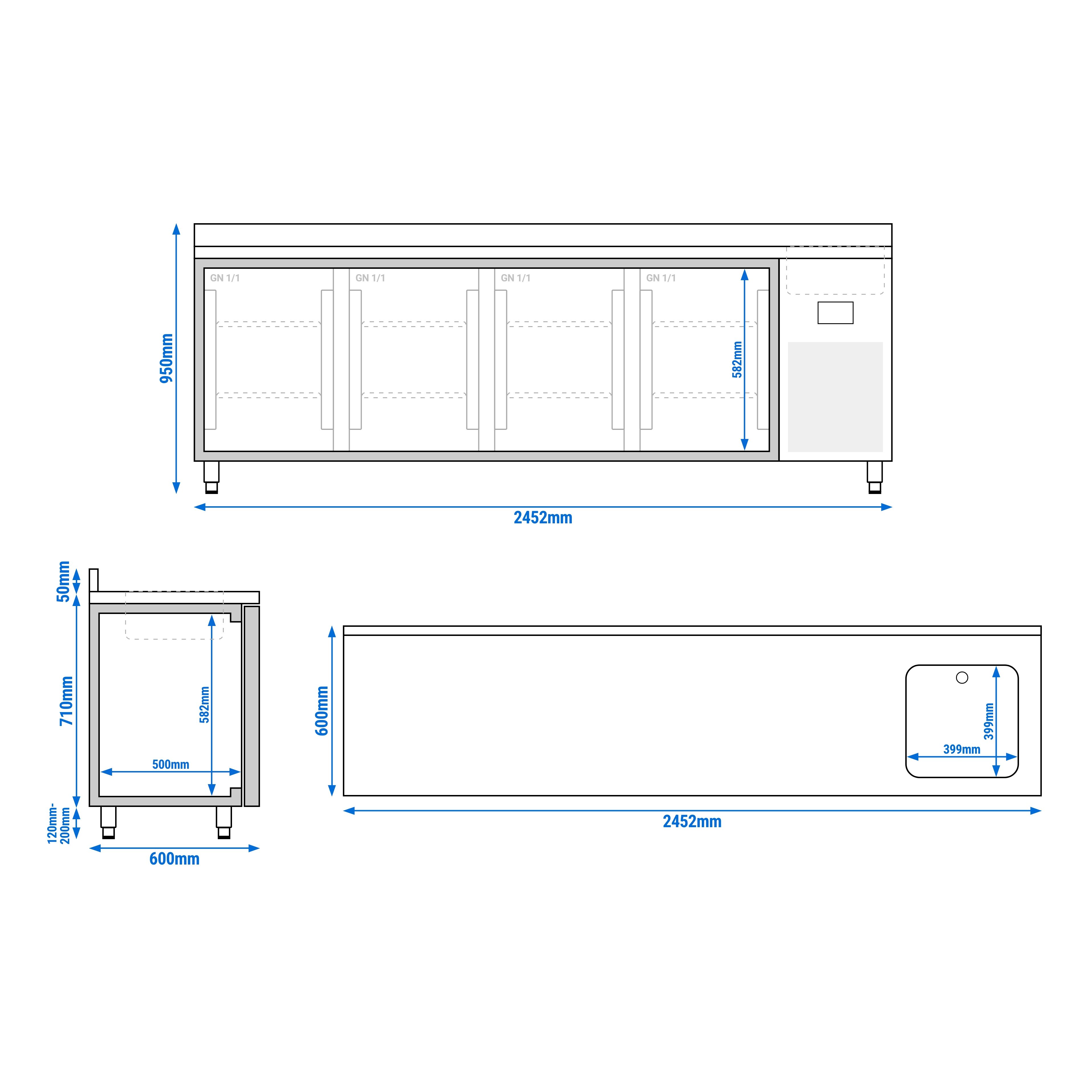 Table réfrigérée Premium PLUS - 2452 x 600 mm - avec 1 bac et 4 portes - avec dosseret