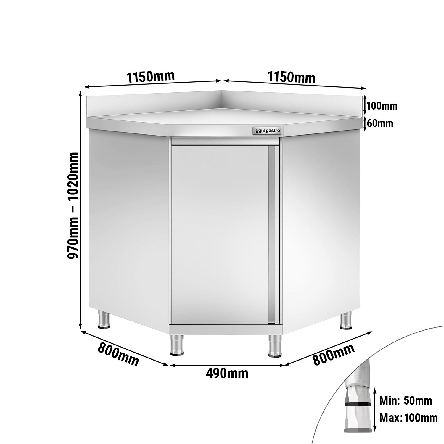 Table armoire d’angle en acier inoxydable PREMIUM - 1150x1150mm - avec portes battantes - avec dosseret