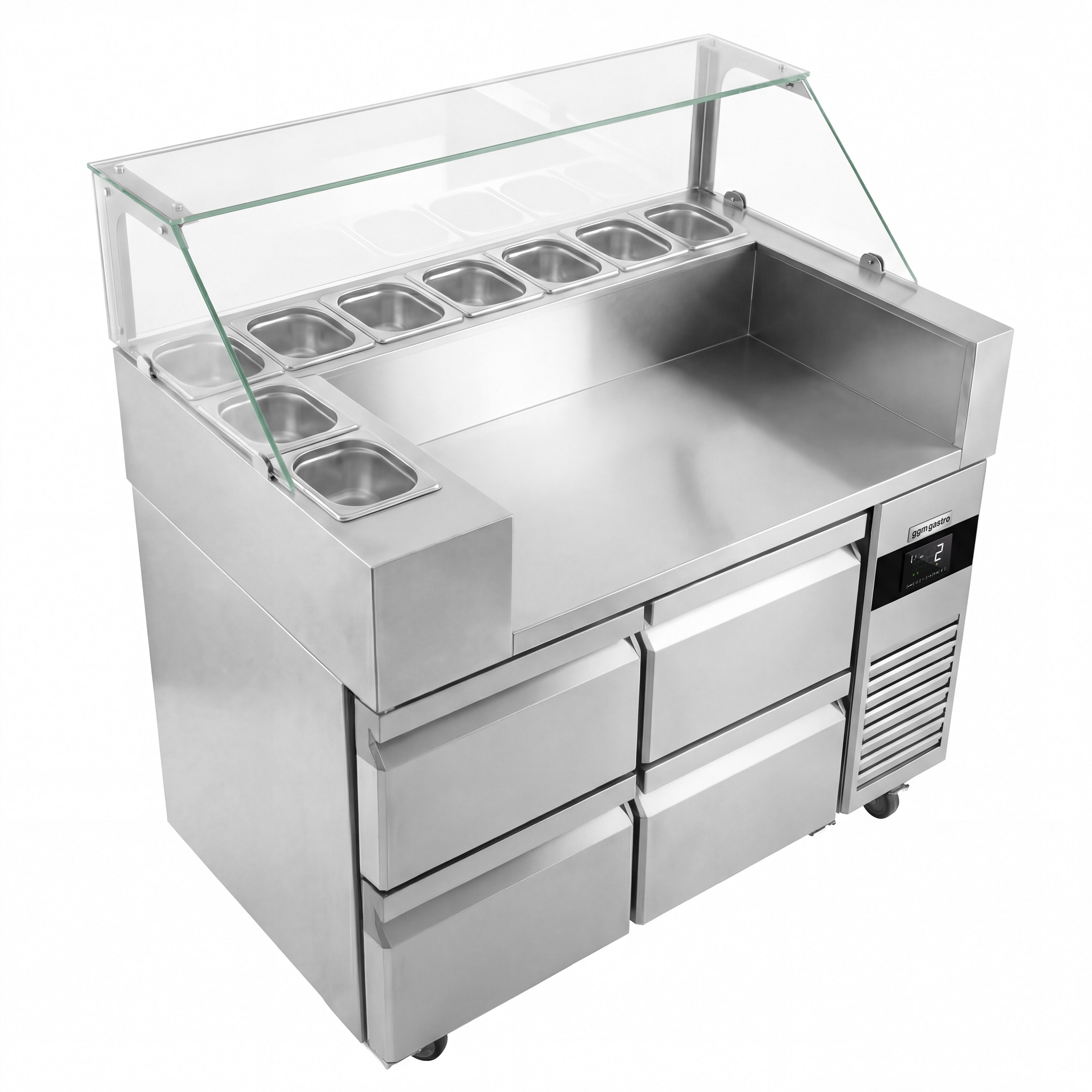 Saladette Kompakt - 1210x700 mm - glasöverdel - inbyggd kylränna - 4 lådor - för 9x GN 1/6 - inkl. Korvgrill/Hot dog‑grill & -värmare