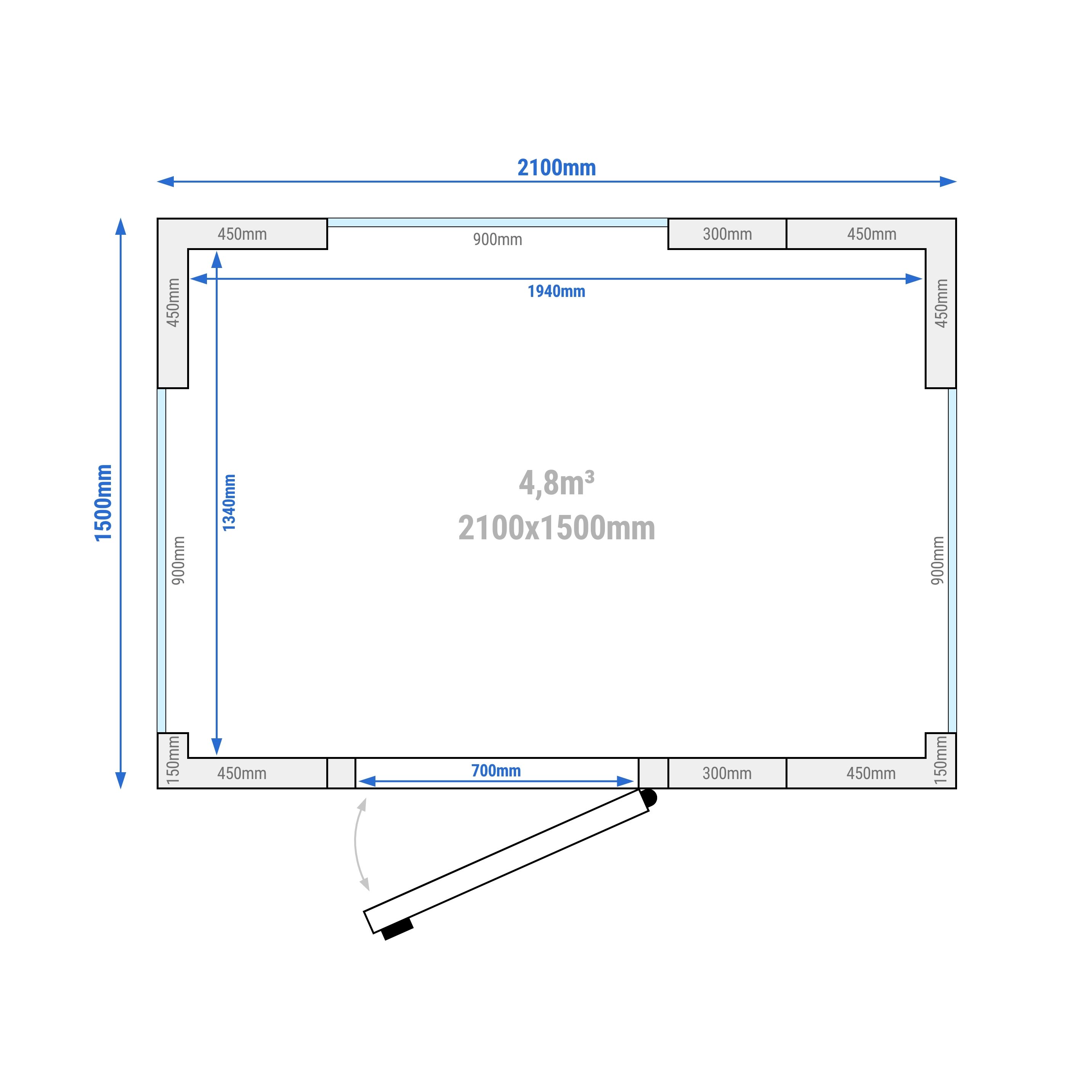 Chambre froide - 2100 x 1500 mm - 4,8 m³ - avec 3 côtés en verre