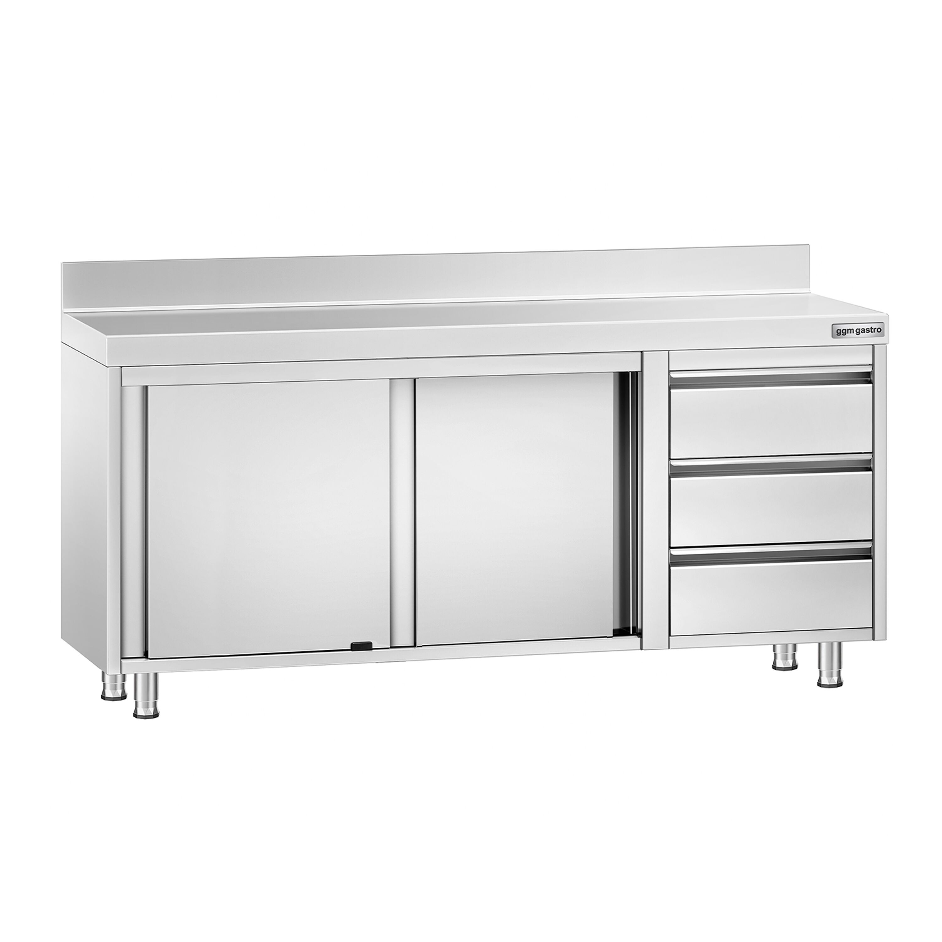 Table armoire en acier inoxydable PREMIUM - 1800x700mm - avec portes coulissantes et 3 tiroirs à droite - avec dosseret