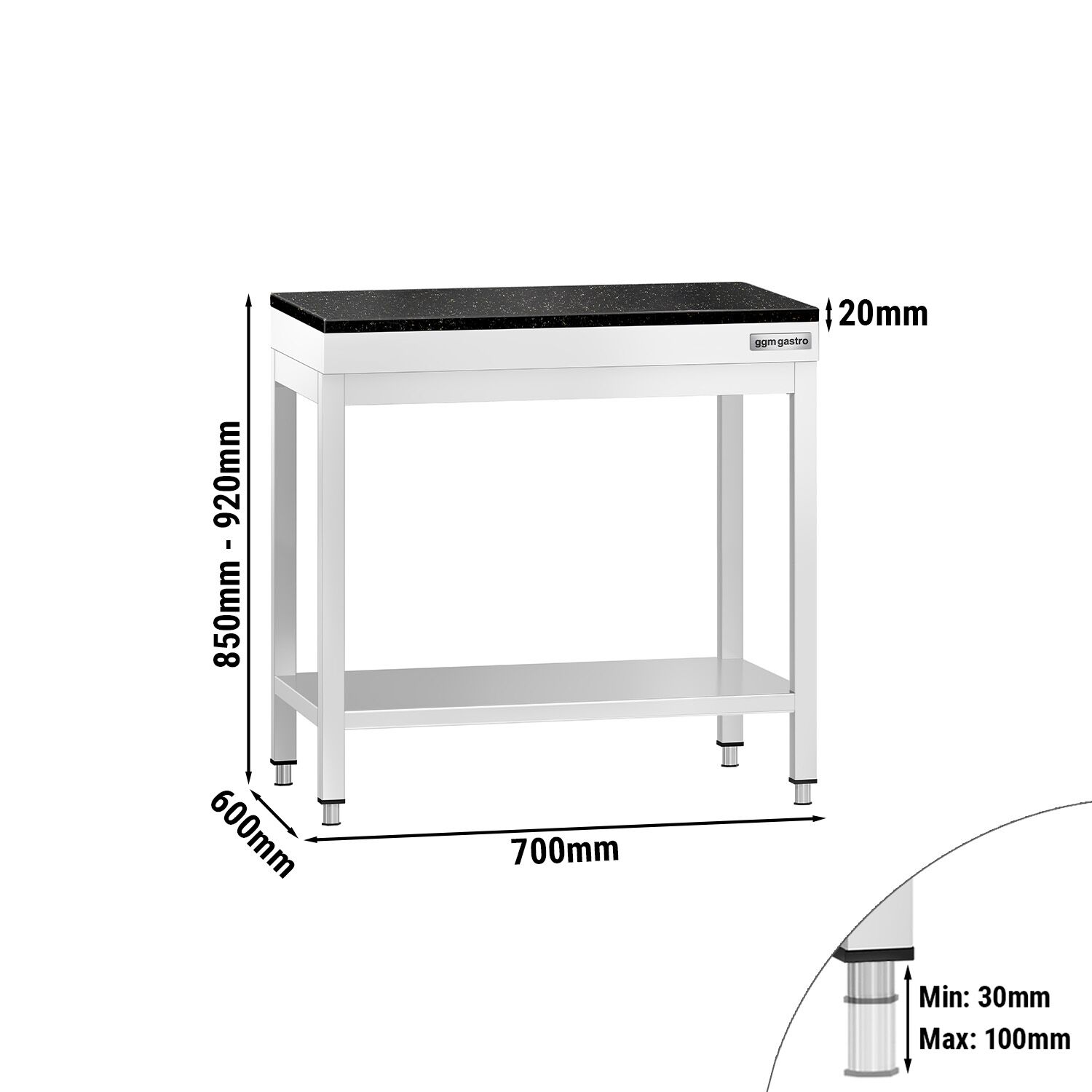 Table de travail inox PREMIUM - 700 x 600 mm - avec tablette inférieure - incl. Plan de travail en Granit