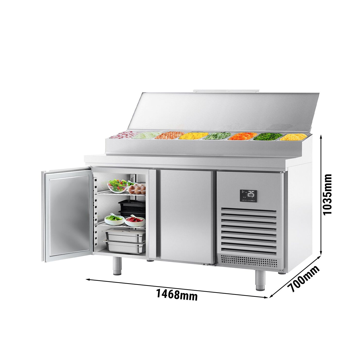 Table réfrigérée de préparation - 1468 x 700 mm - avec 2 portes - superstructure en inox 1x GN 1/2 & 6x GN 1/3