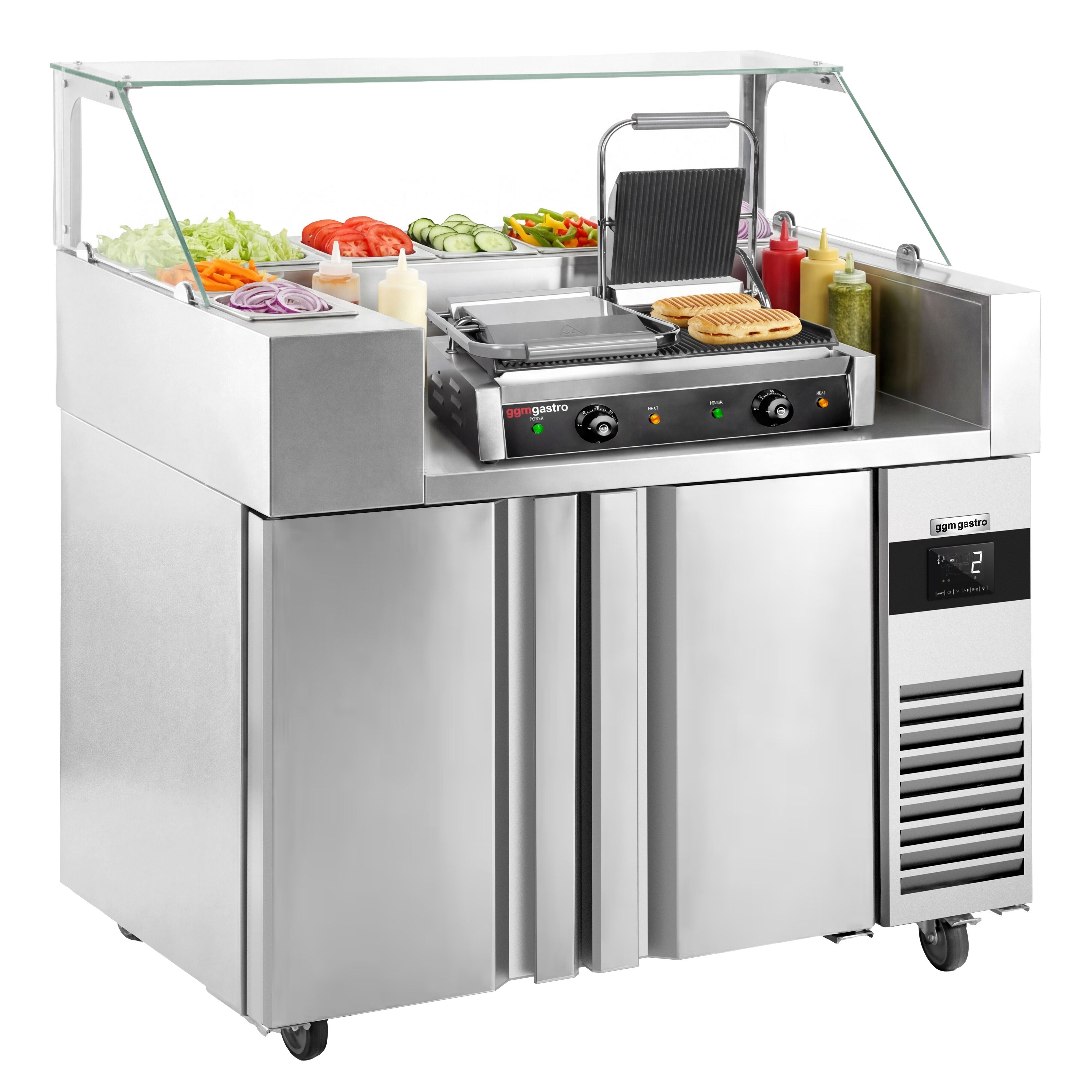 Table de préparation – 1210 mm – 2 portes – pour 9 bacs GN 1/6 – incl. grill de contact