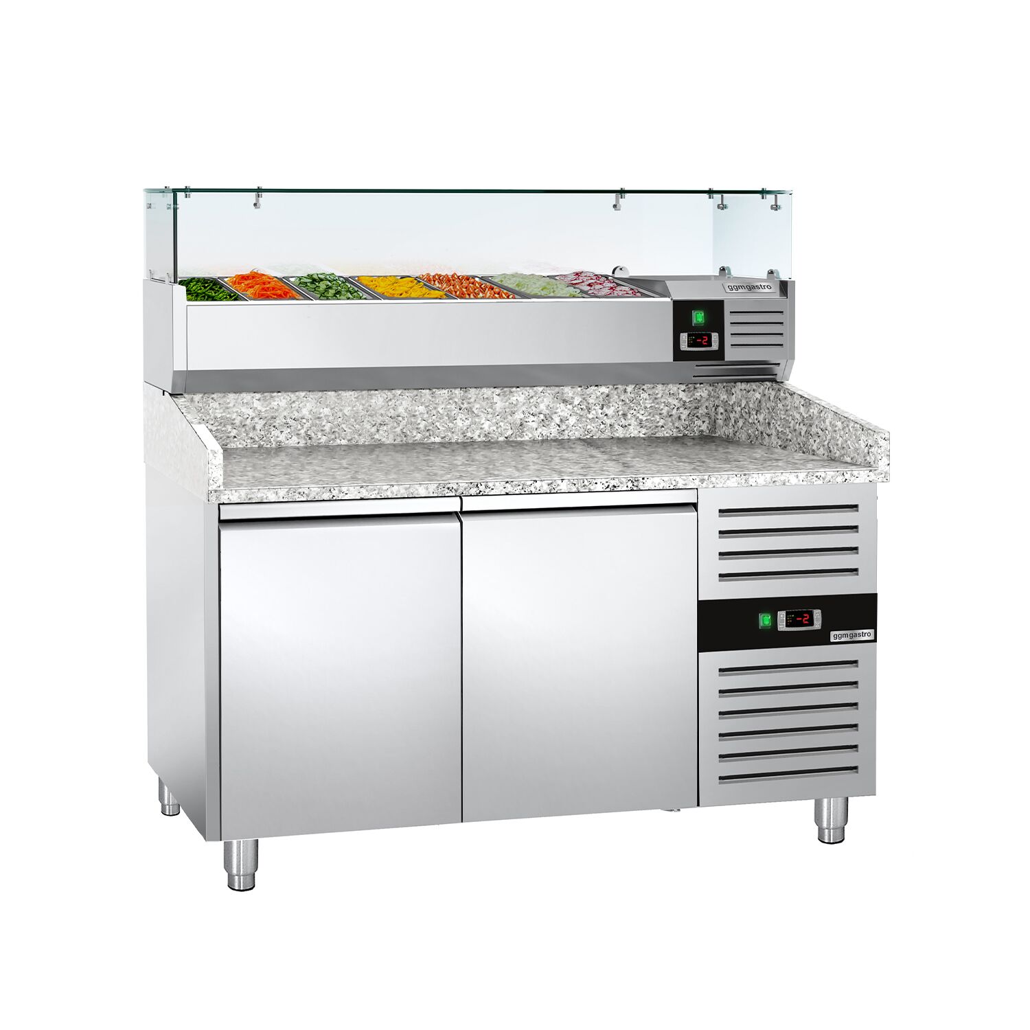 Pizzakylbänk ECO - 1500x800 mm - granitskiva - med 2 dörrar - inkl. kylränna med glasöverbyggnad - 7x GN 1/4
