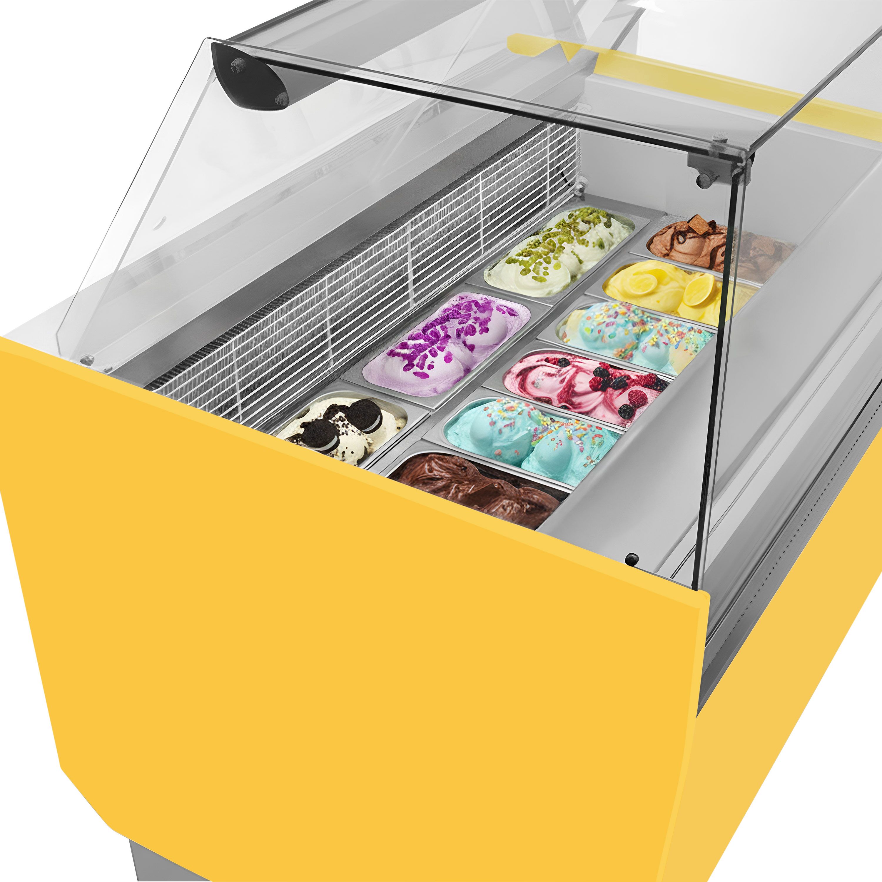 Vitrine à glace LIAM – 1310 mm – refroidissement statique – pour 10+10 bacs à glace de 5 litres – Jaune