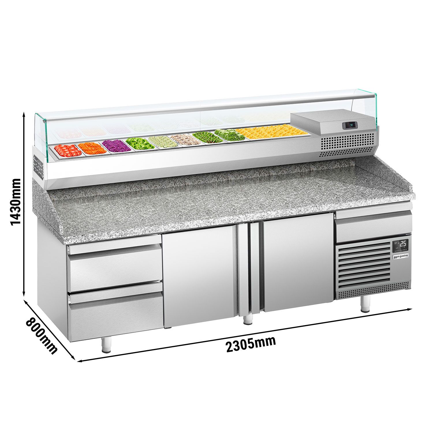 Table réfrigérée à pizza Premium PLUS - 2305 x 800 mm - avec 2 portes & 3 tiroirs - incl. vitrine réfrigérée de présentation - 10x GN 1/3