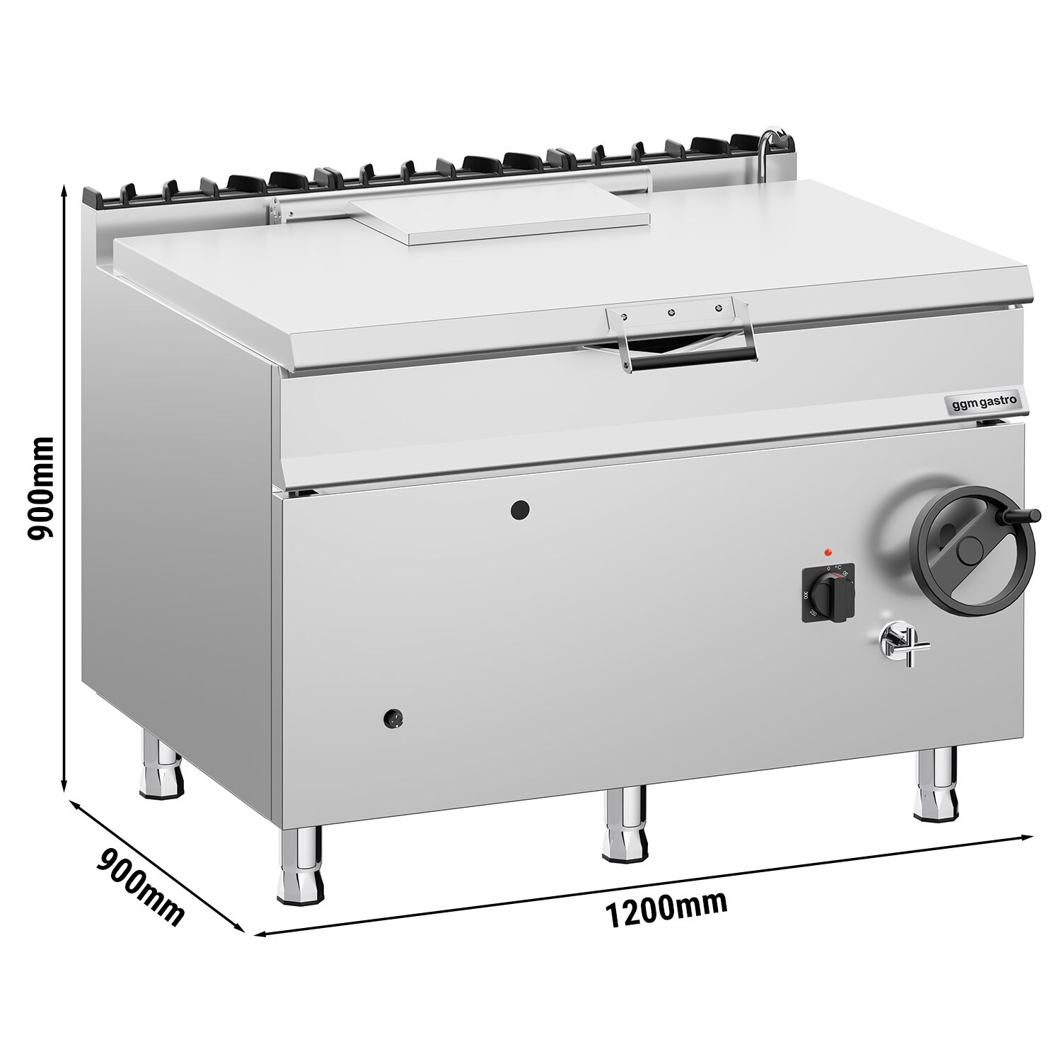 Sauteuse basculante à gaz – 120 litres – 30 kW – avec volant manuel et raccordement d’eau