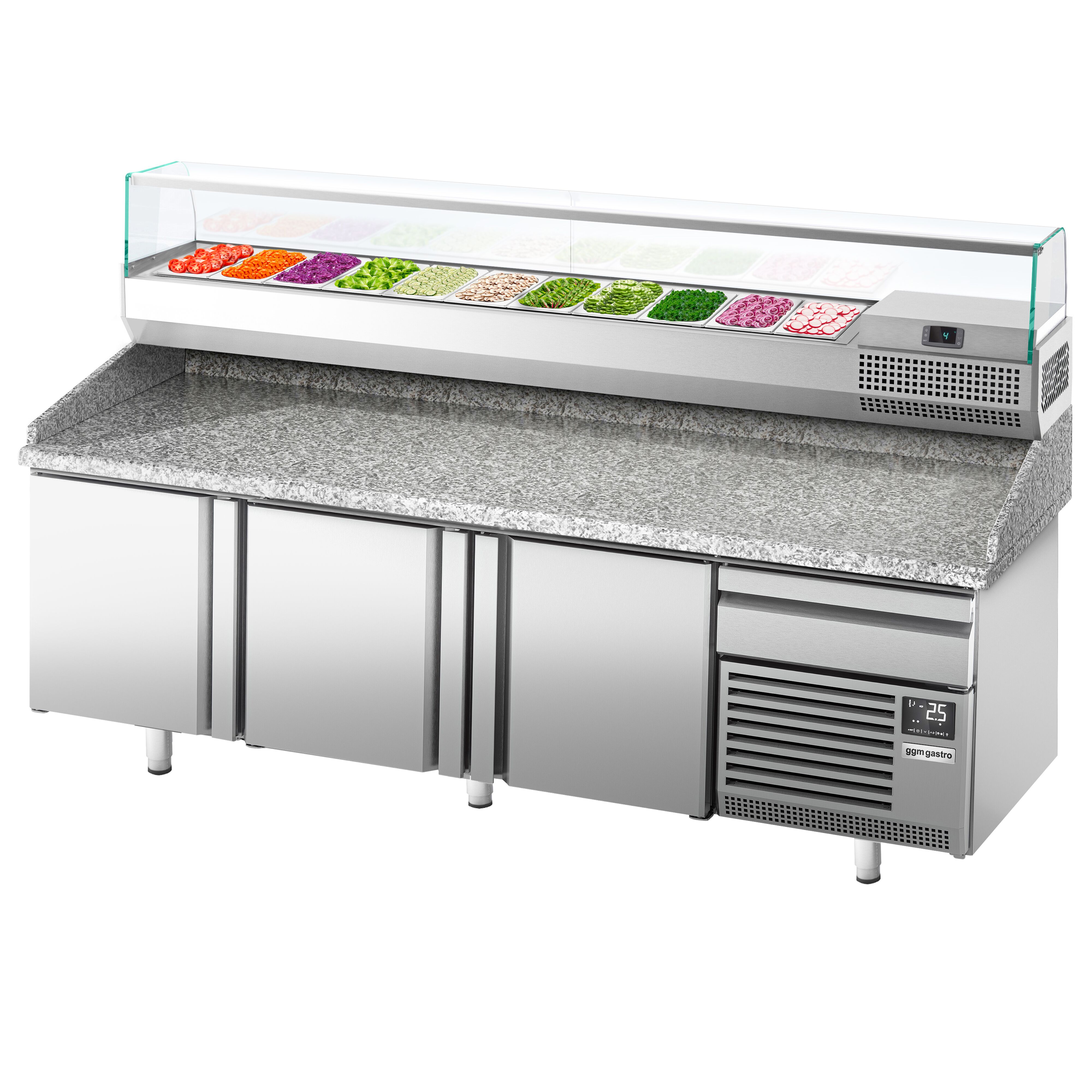 Table réfrigérée à pizza Premium PLUS - 2305x800 mm - avec 3 portes & 1 tiroir - incl. vitrine réfrigérée - 11x GN 1/4