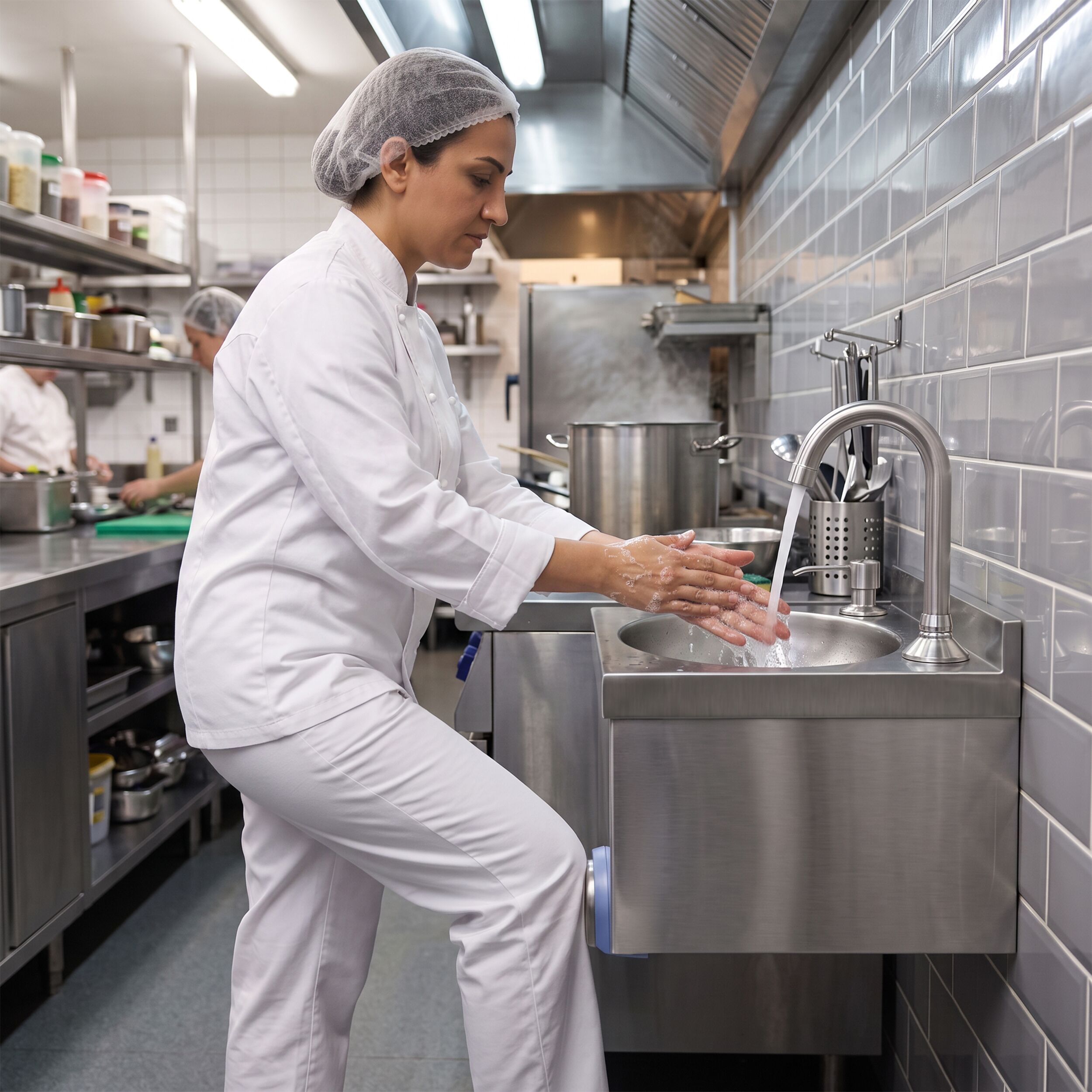 Hand washbasin – with tap, soap dispenser, knee-operated control and rim